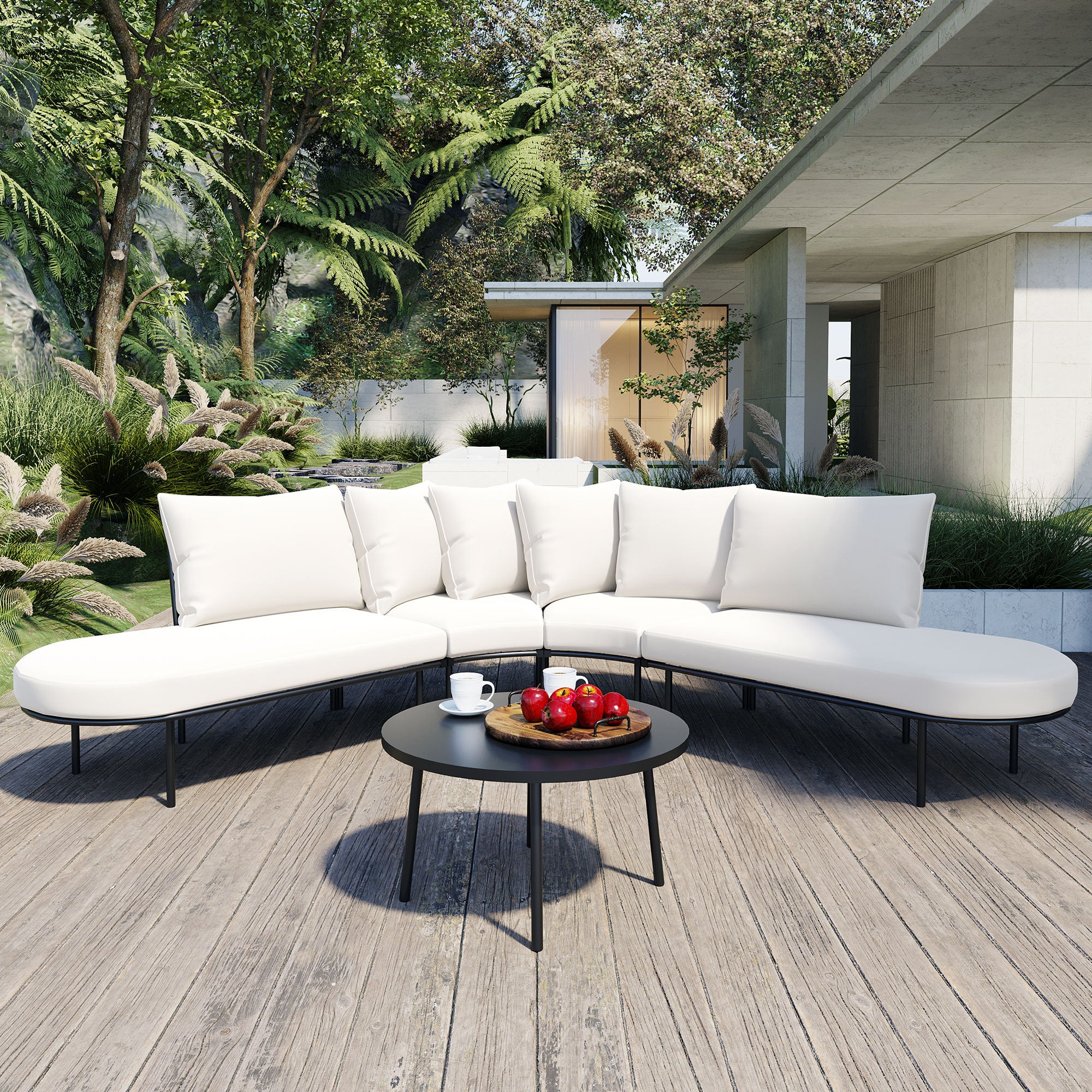 Walker Edison | Modern Half-Moon Curved Outdoor Patio Sofa Set with Coffee Table