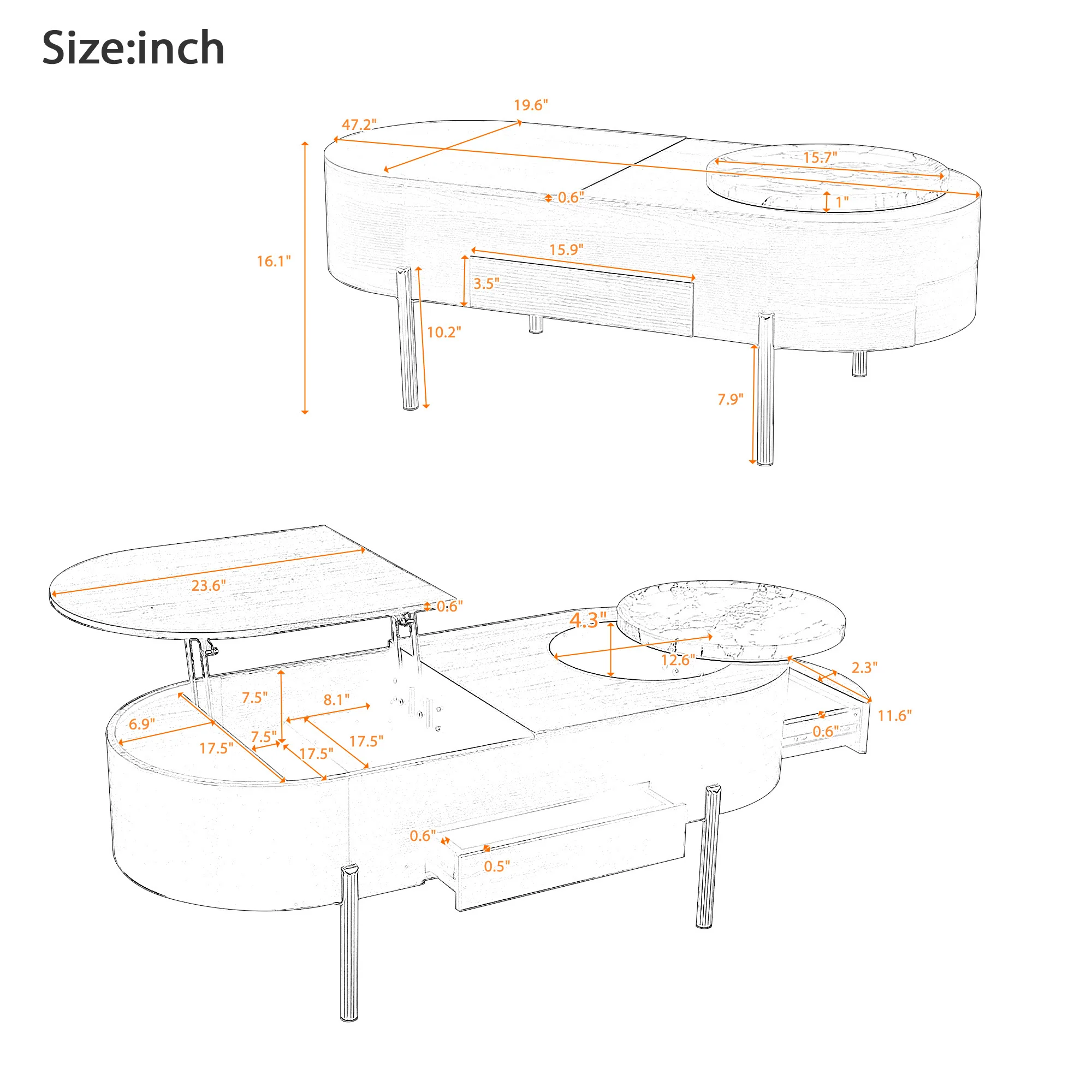Walker Edison | Modern Lift Top Coffee Table with Marble Pattern Tray and Storage