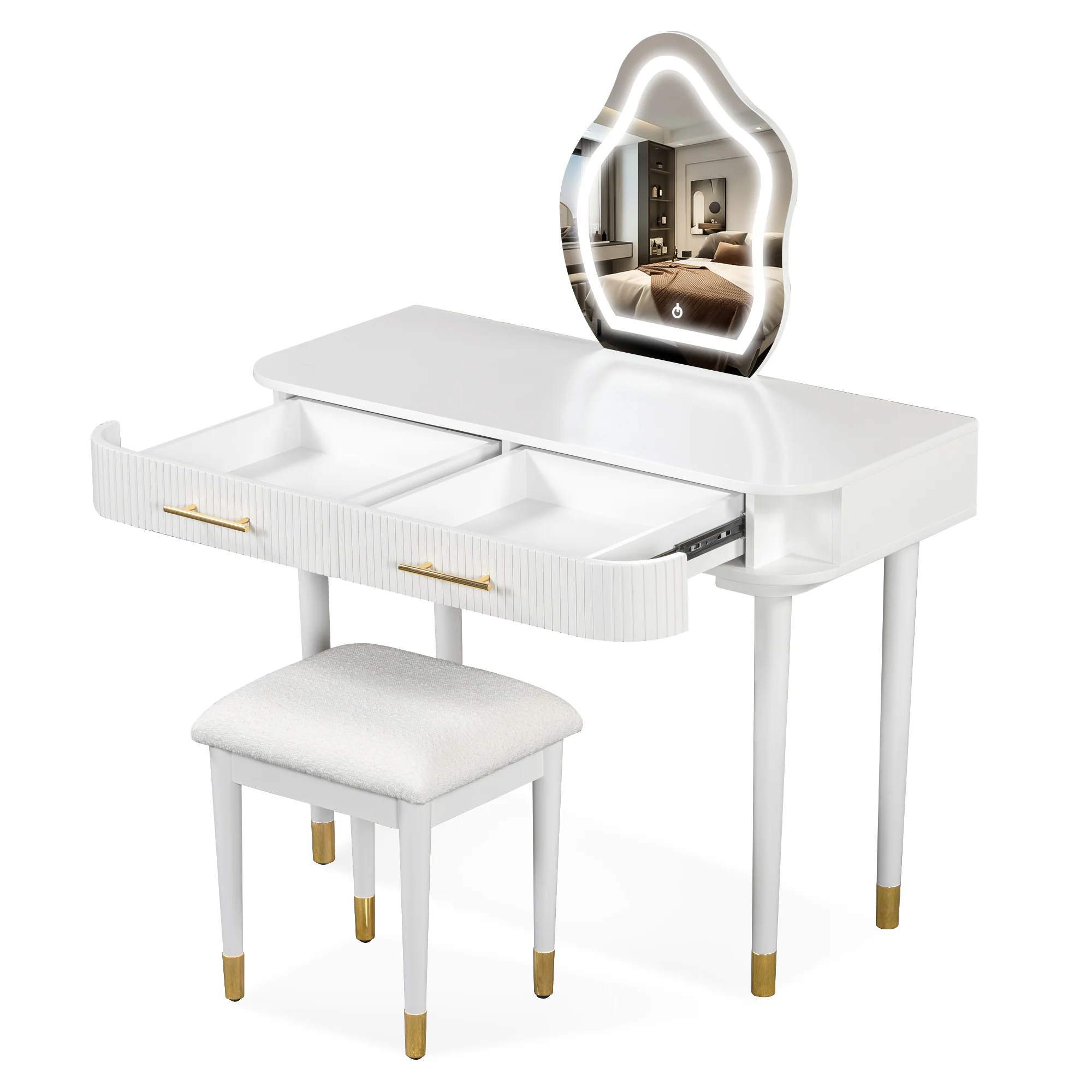 Walker Edison | Modern Vanity Table Set with Cloud Shape Touch Screen Lighted Mirror