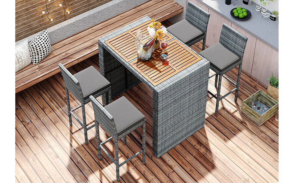 Walker Edison | 5-pieces Outdoor Patio Wicker Bar Set