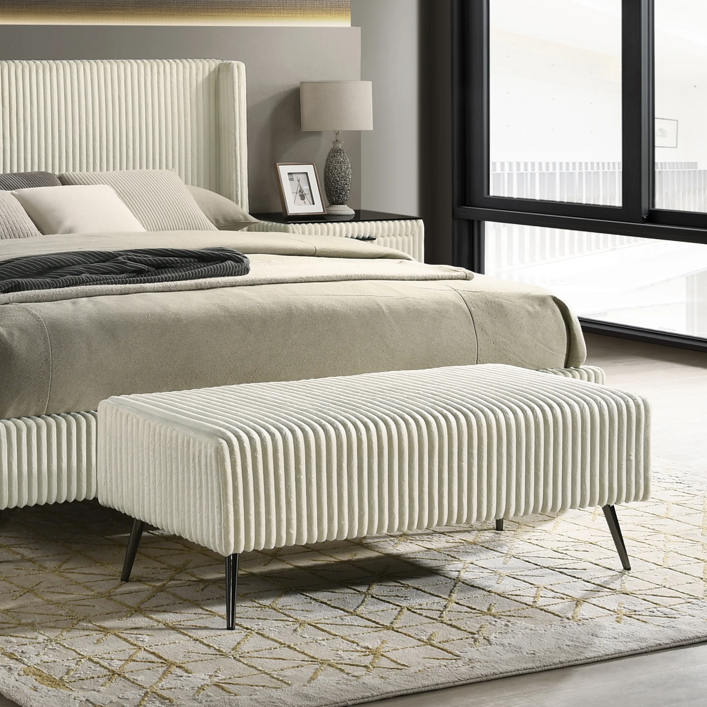 Walker Edison | Corduroy Upholstery King Bed with 2 Nightstands and Bench