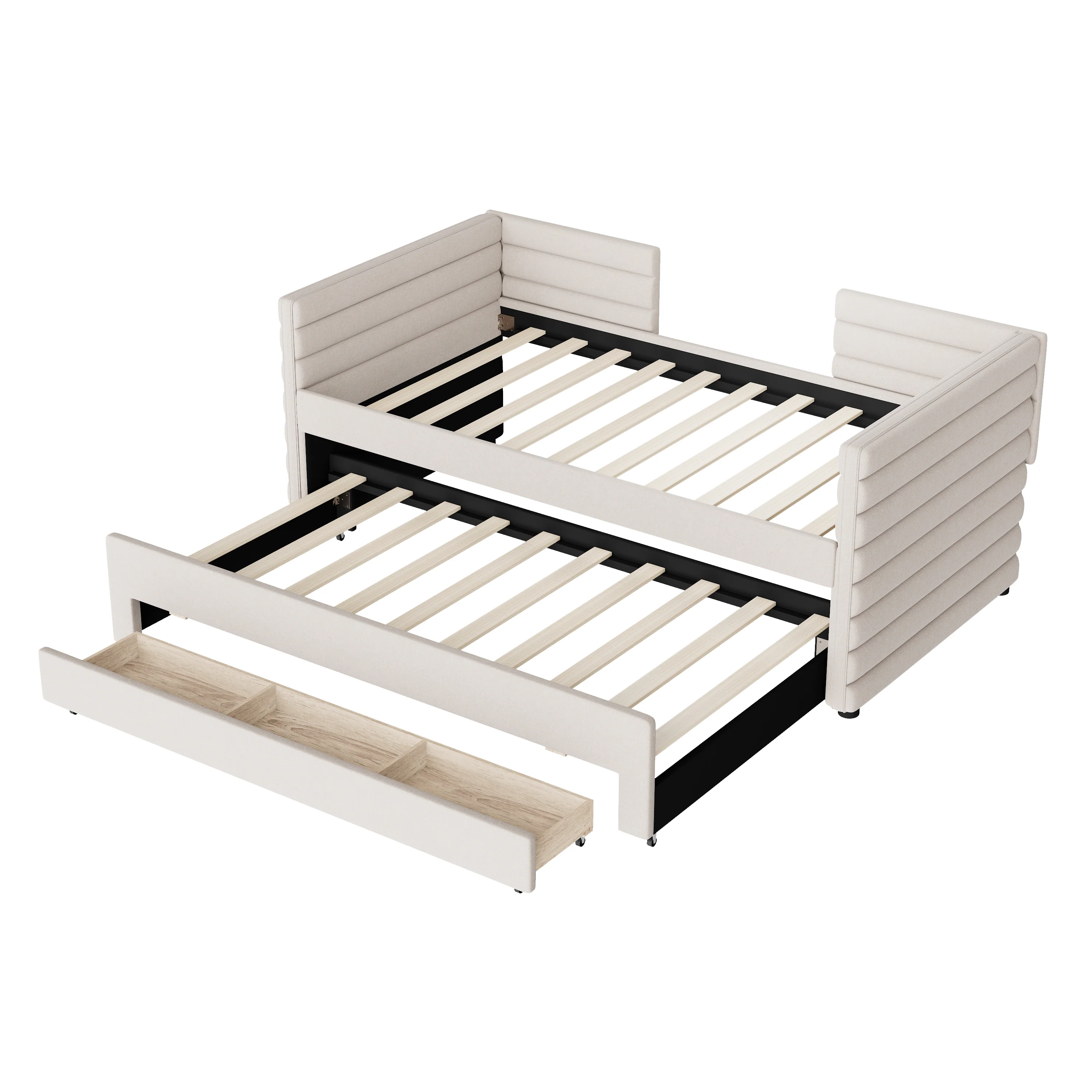 Walker Edison | Twin Size Upholstered Daybed with Trundle and 3 Storage Drawers