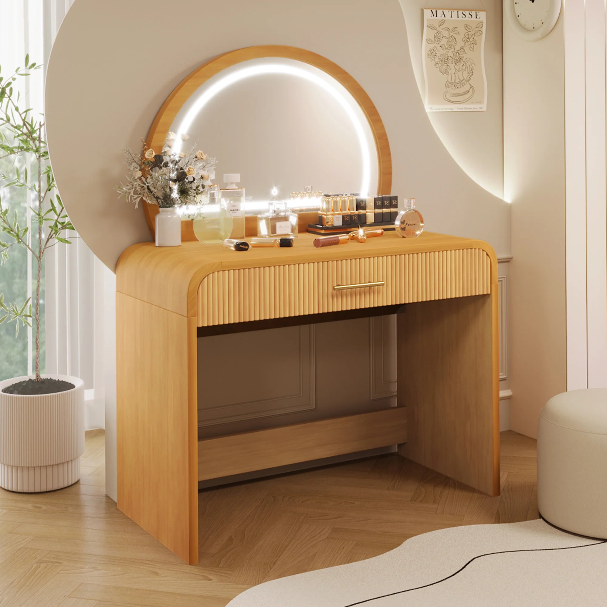 Walker Edison | Natural Reeded Curve Design Makeup Vanity Desk with Mirror