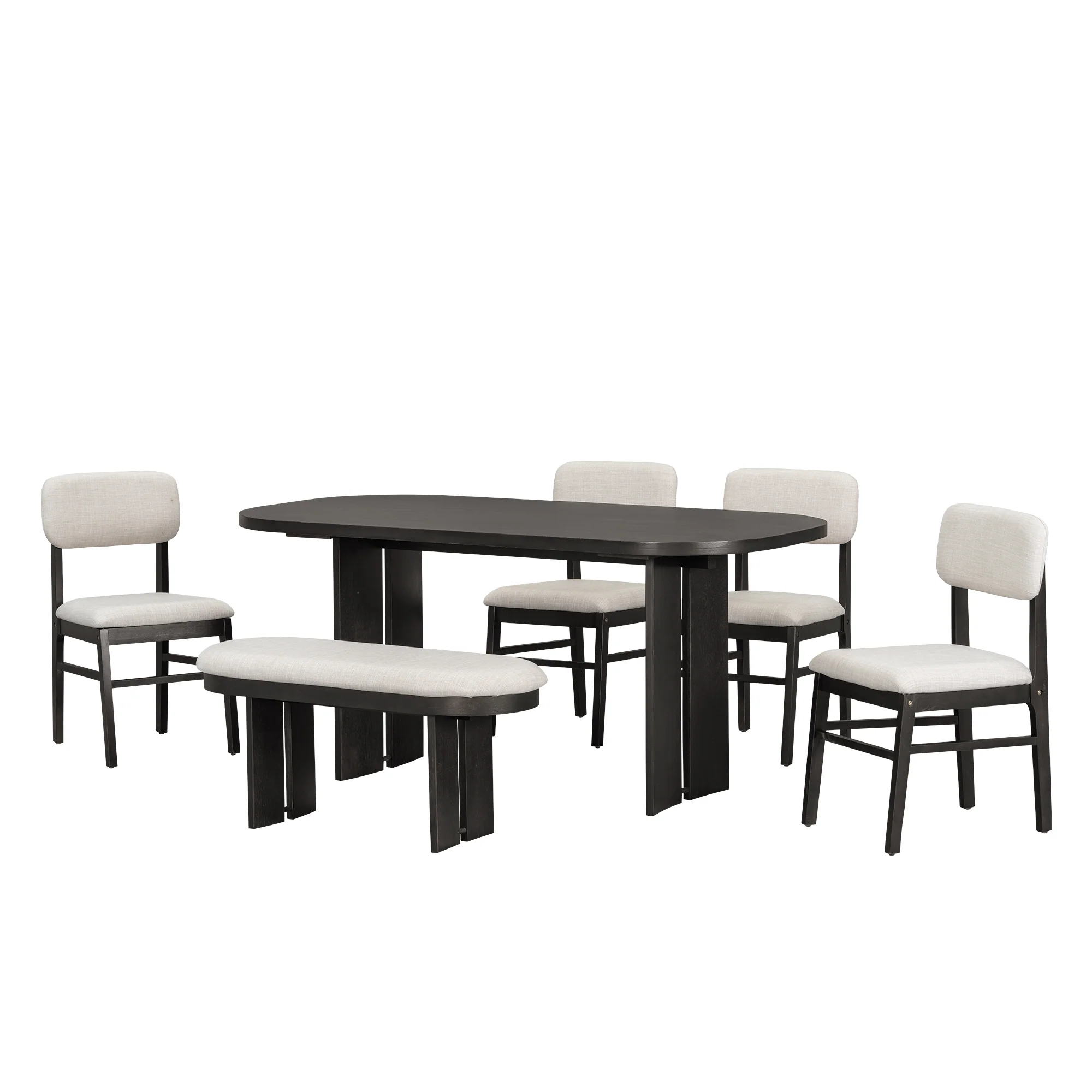 Walker Edison | Solid Wood 6-Piece Upholstered Dining Table Set with Bench