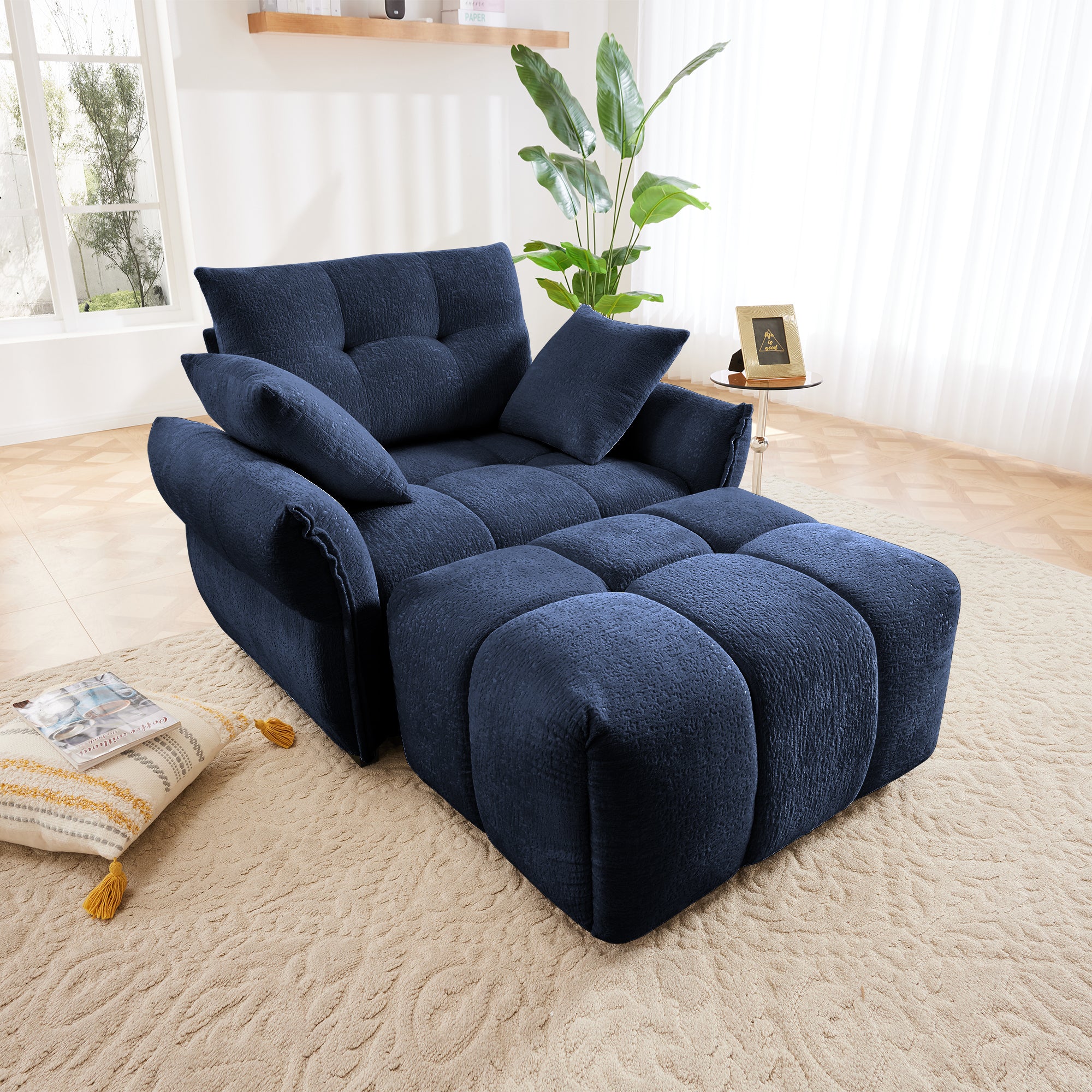 Walker Edison | Modern Ergonomic Blue Chenille Accent Chair with Ottoman Set