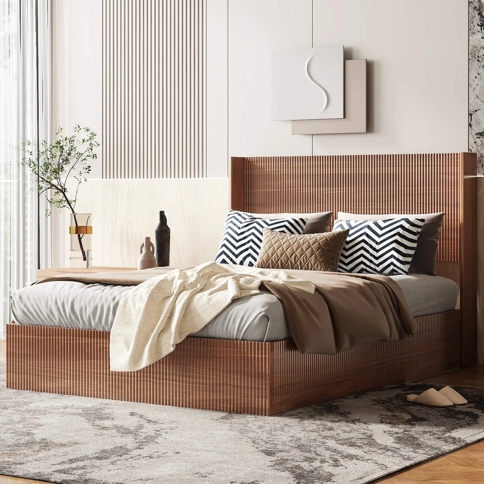 Walker Edison | Queen Modern Grooved Undulating Lift Storage Bedframe