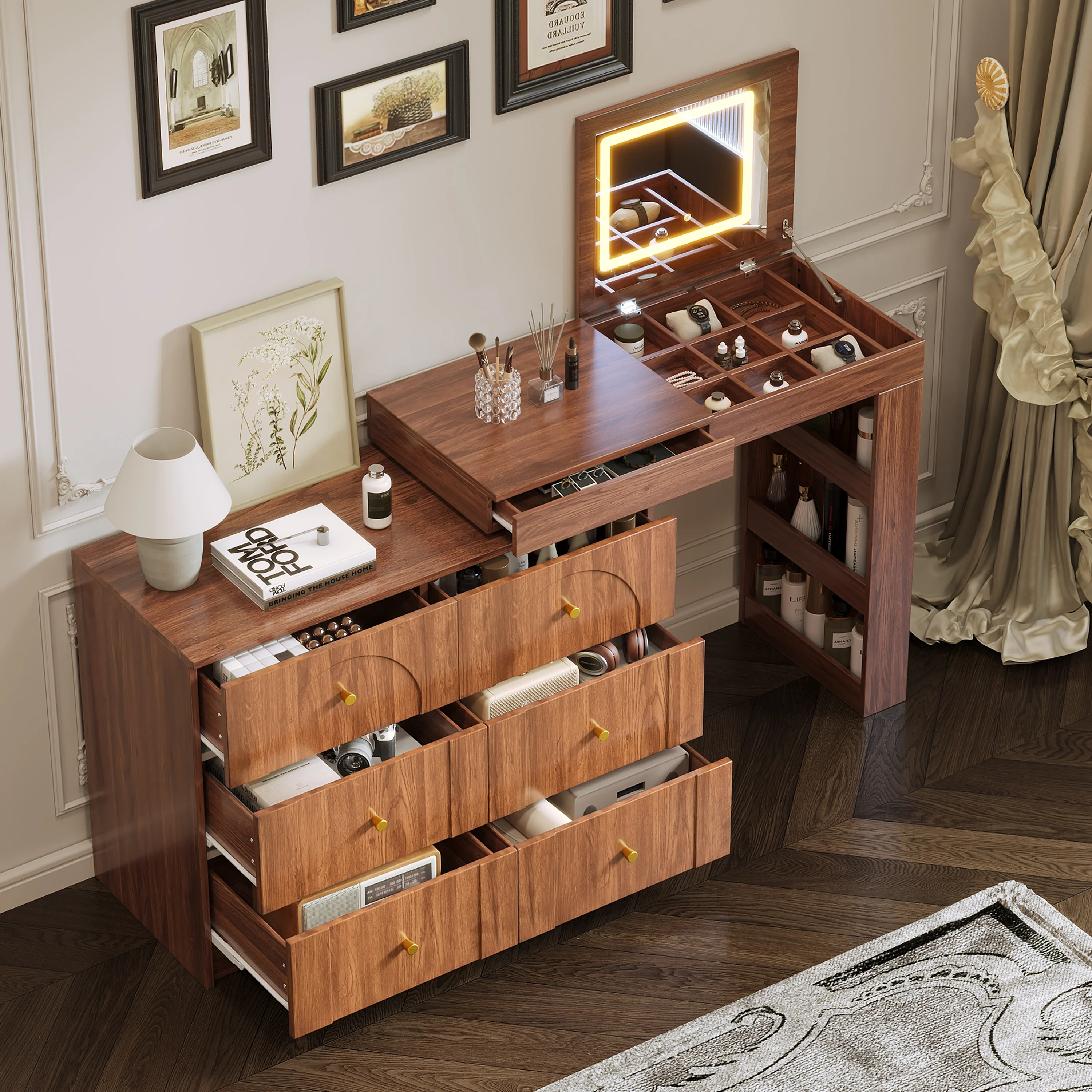 Walker Edison | Multi-Functional Vanity Desk/Dresser Set with Flip-Top Mirror and Lights