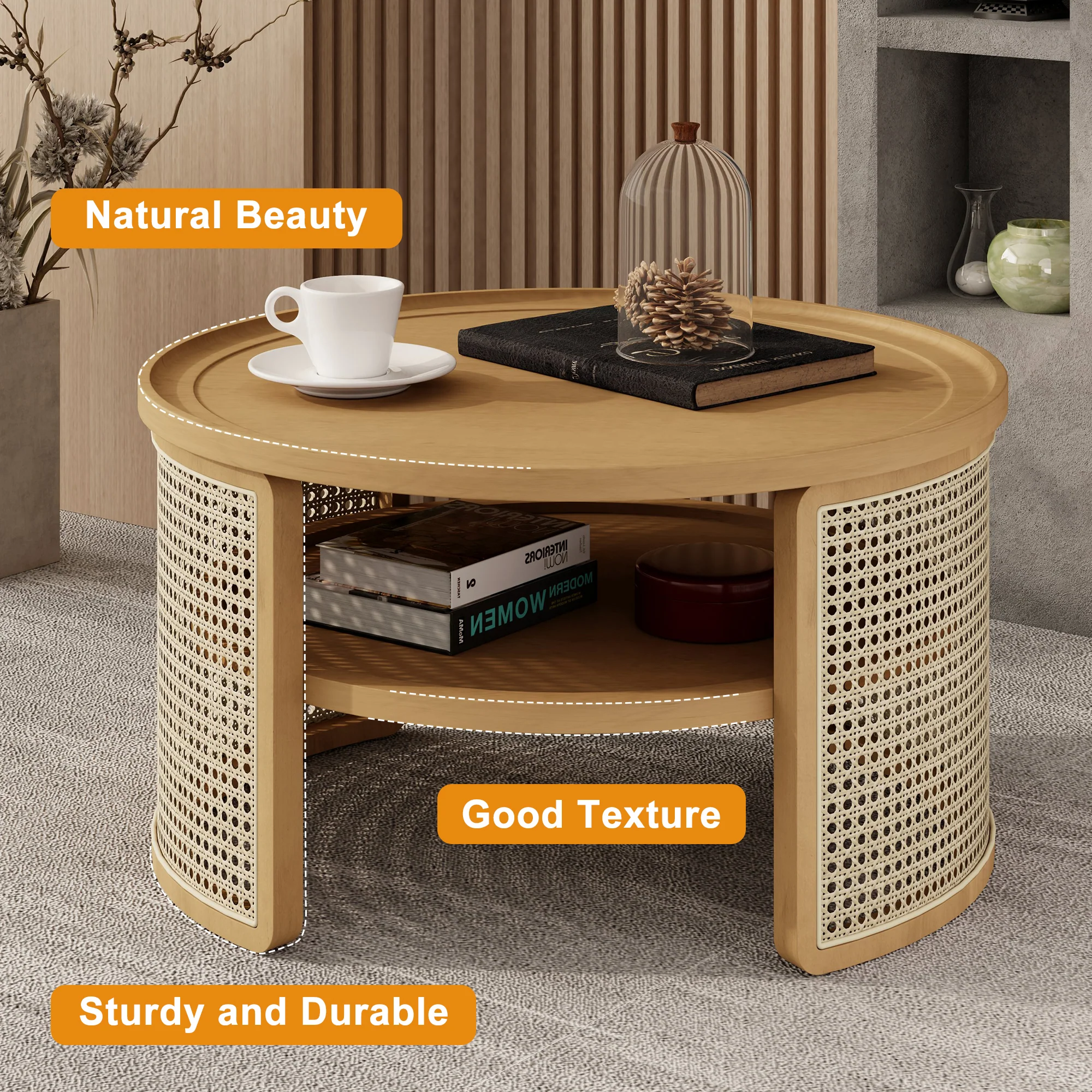 Walker Edison | Tiered Round Rattan Coffee Table with Storage
