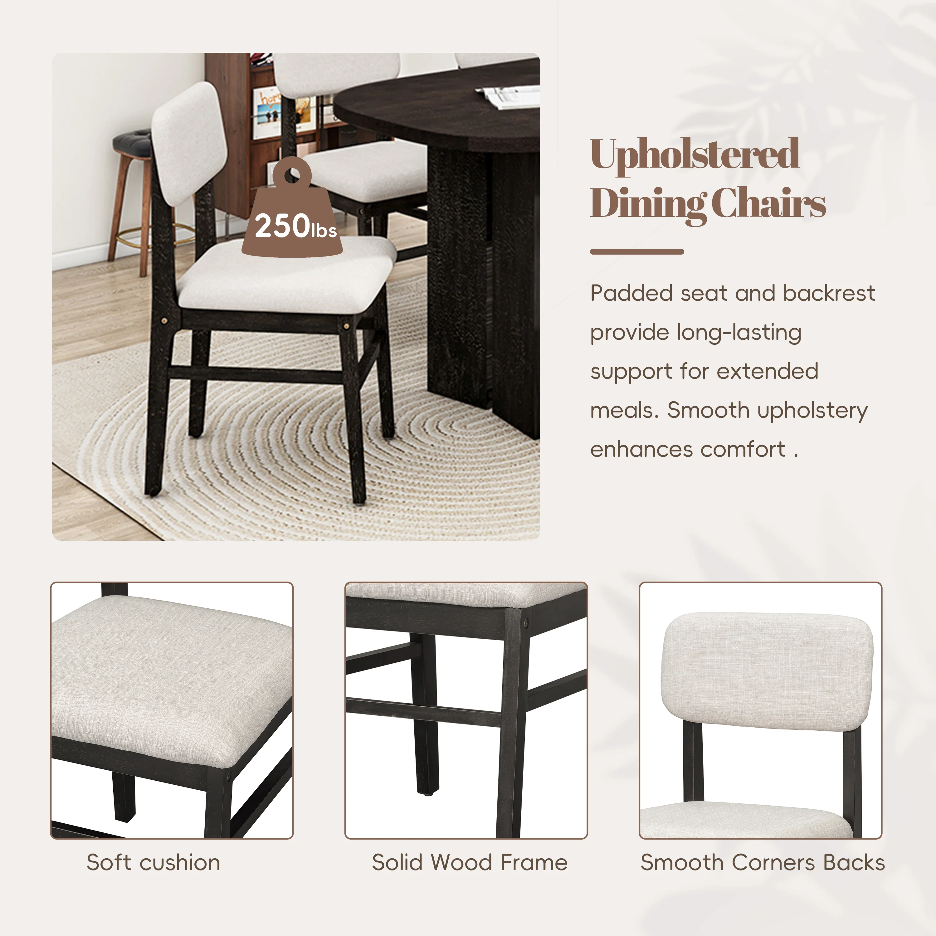 Walker Edison | Solid Wood 6-Piece Upholstered Dining Table Set with Bench