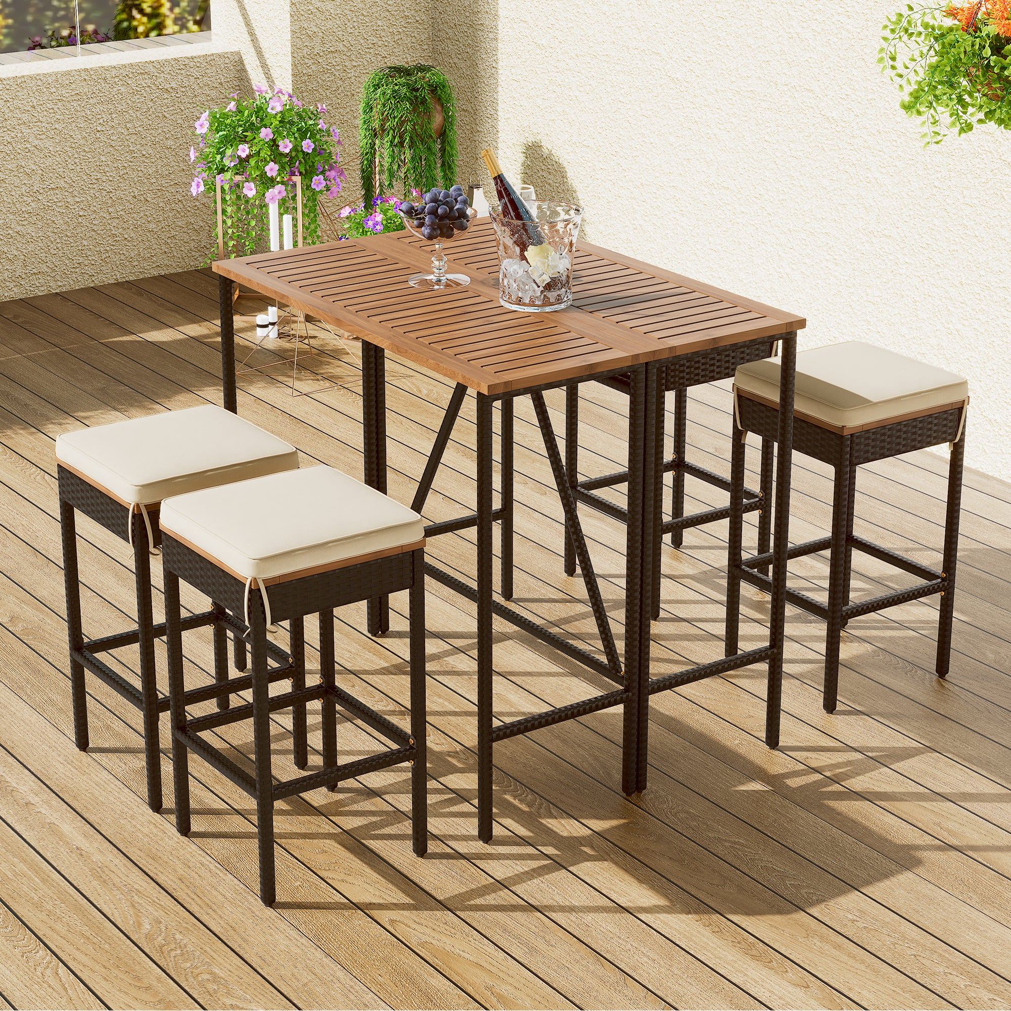 Walker Edison | Outdoor 5-Piece Acacia Wood Bar Height Table And Stool Set