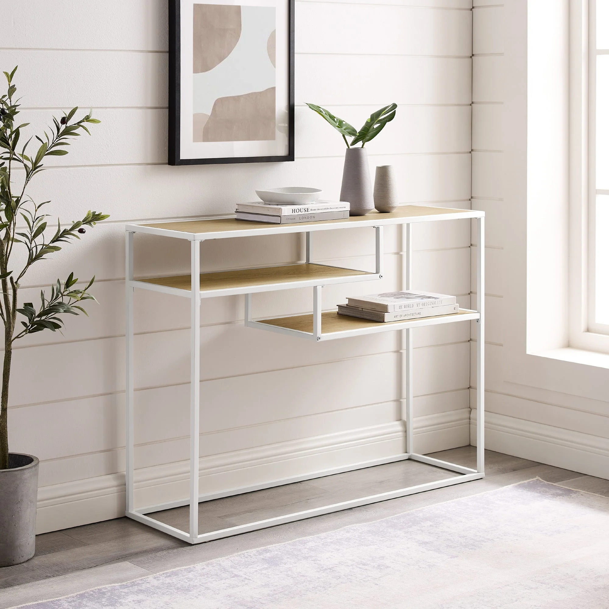 Maya 42 Metal and Wood Tiered Shelf Entry Table