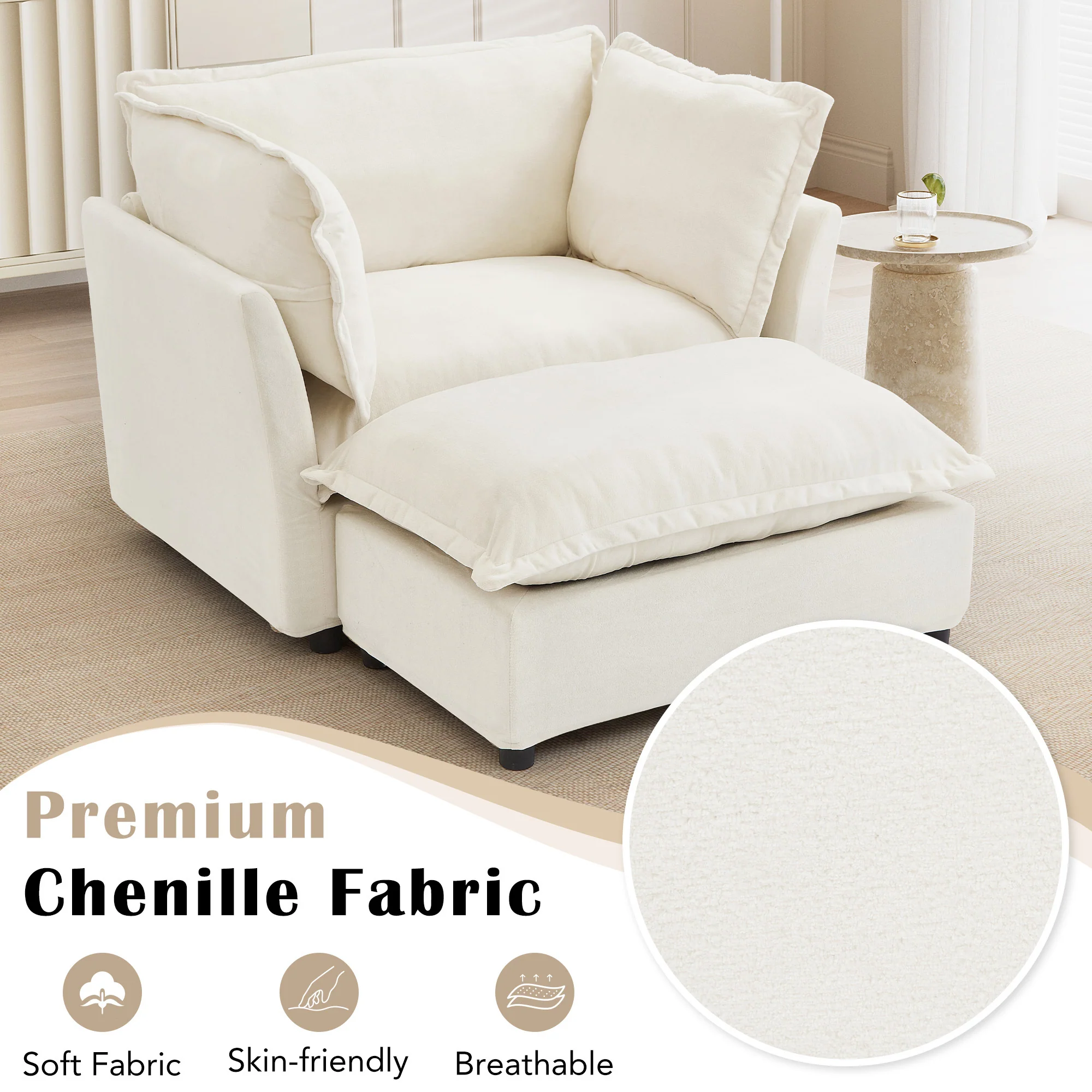 Walker Edison | Cozy Modern Chenille Armchair with Ottoman