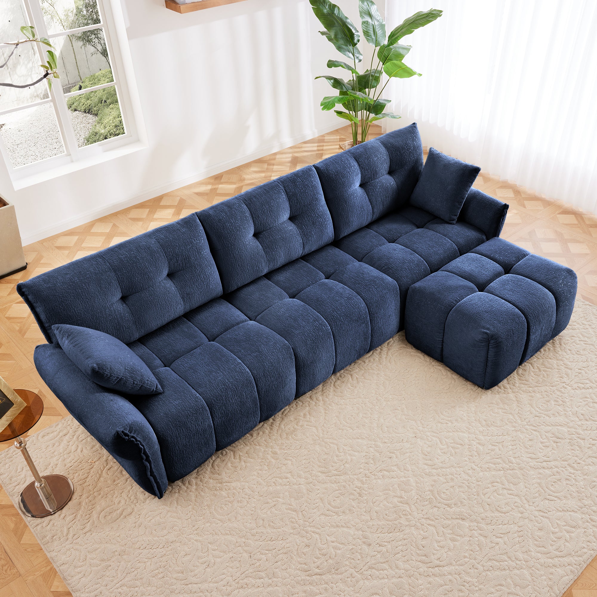 Walker Edison | Elegant Tufted Textured Chenille Blue Sofa Set with Ottoman and Pillows