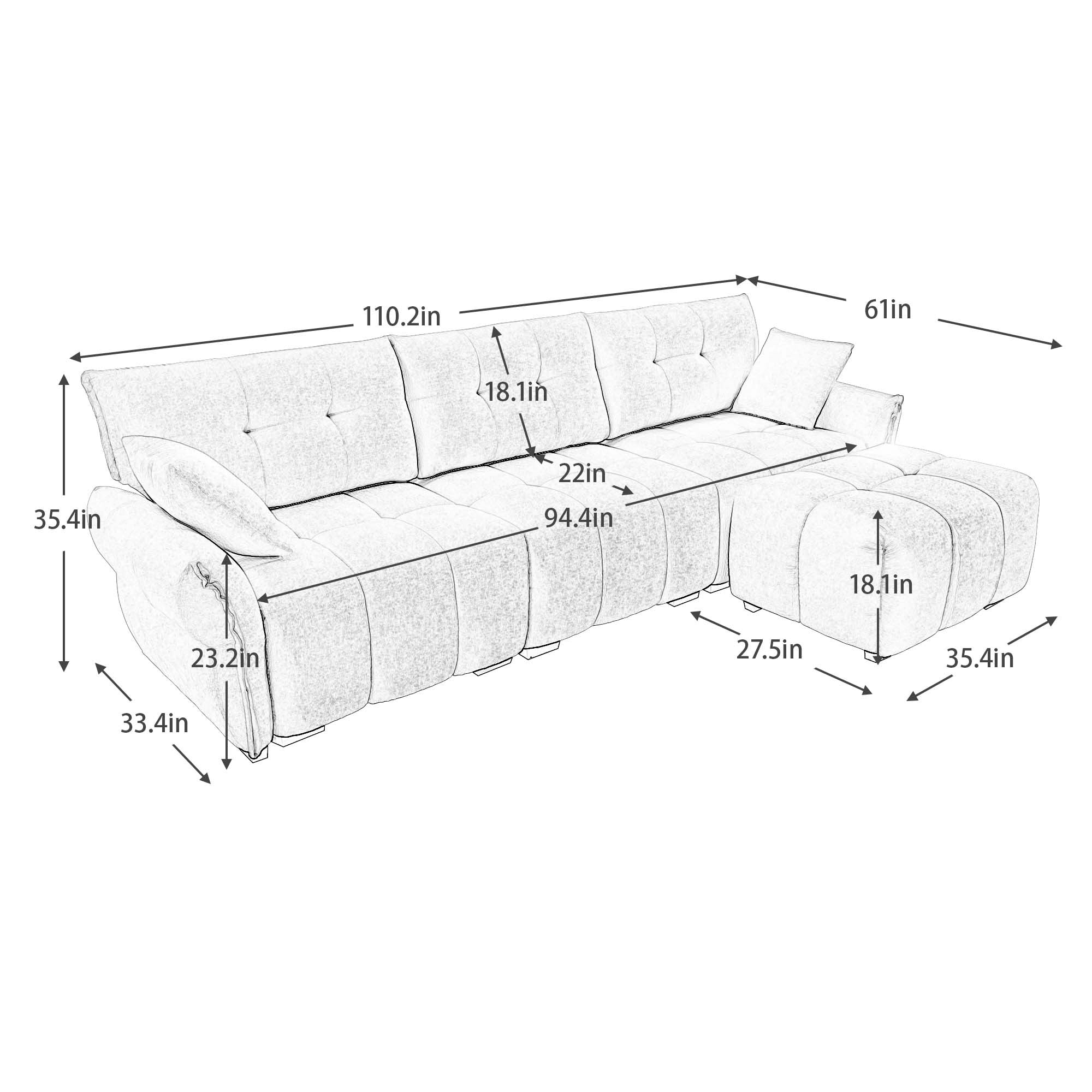 Walker Edison | Elegant Tufted Textured Chenille Blue Sofa Set with Ottoman and Pillows