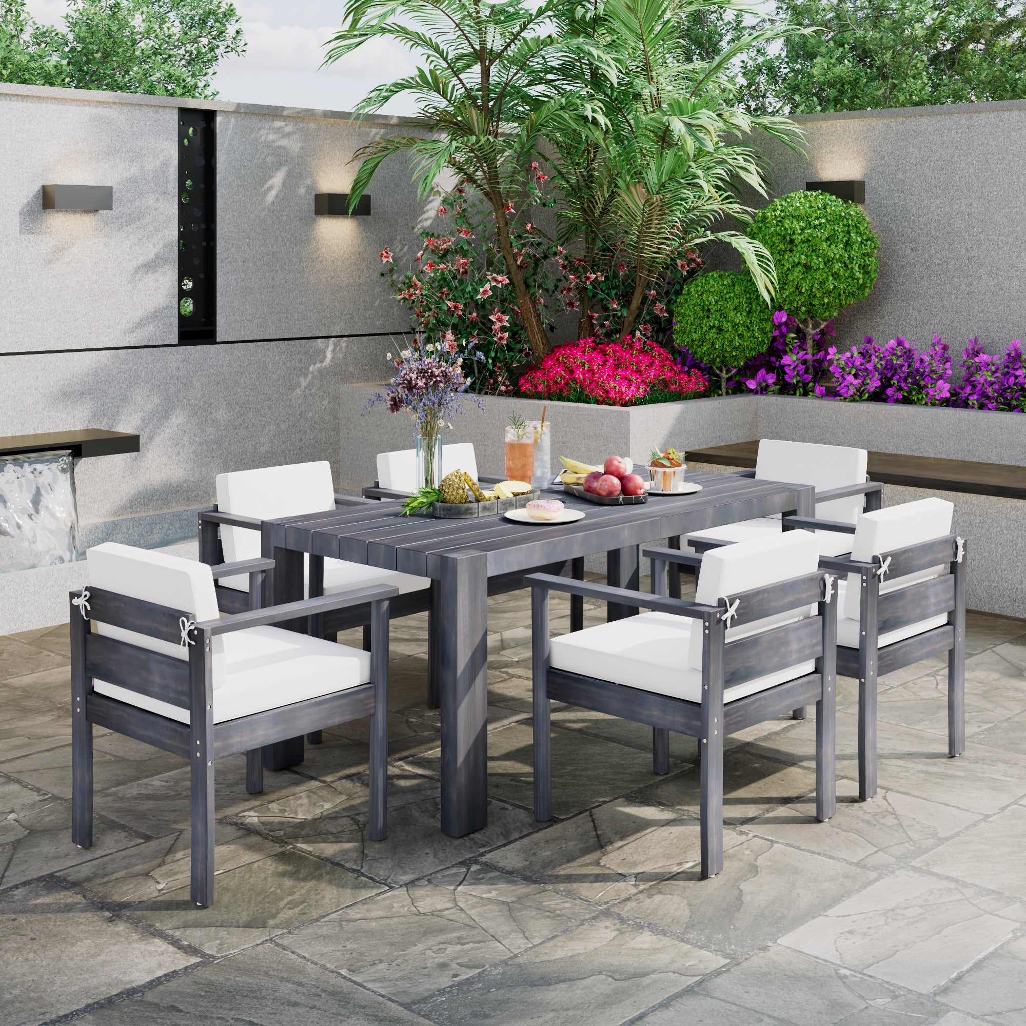 Walker Edison | Grey Wood Outdoor 7-Piece Patio Dining Table Set for 6