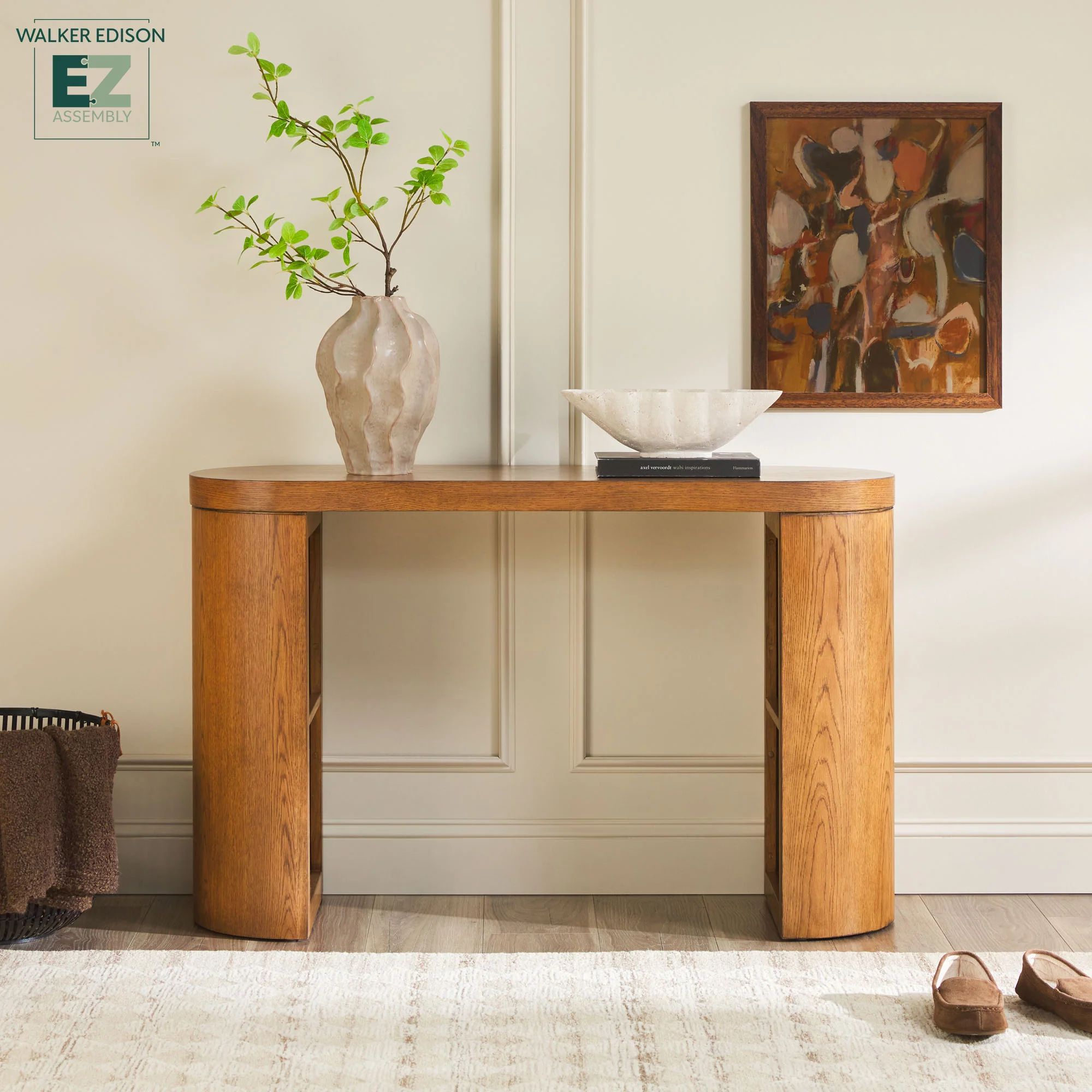 Maya 48 Modern Easy Assembly Oak Wood Veneer Console Entry Table with Storage