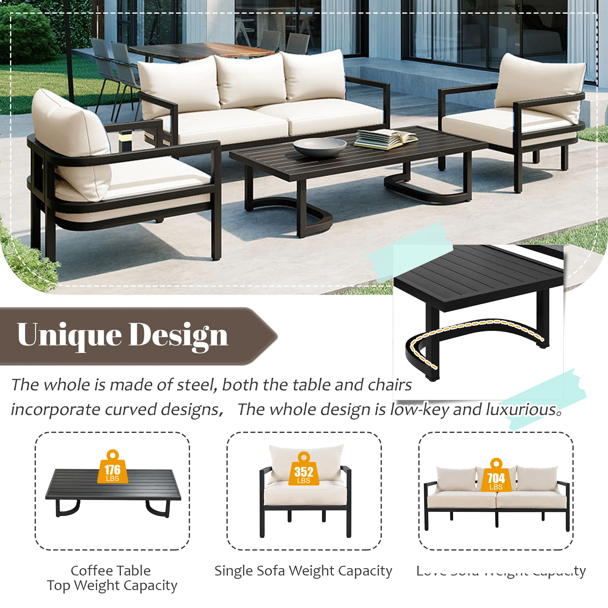 Walker Edison | Curve Design Steal Outdoor Sofa Set