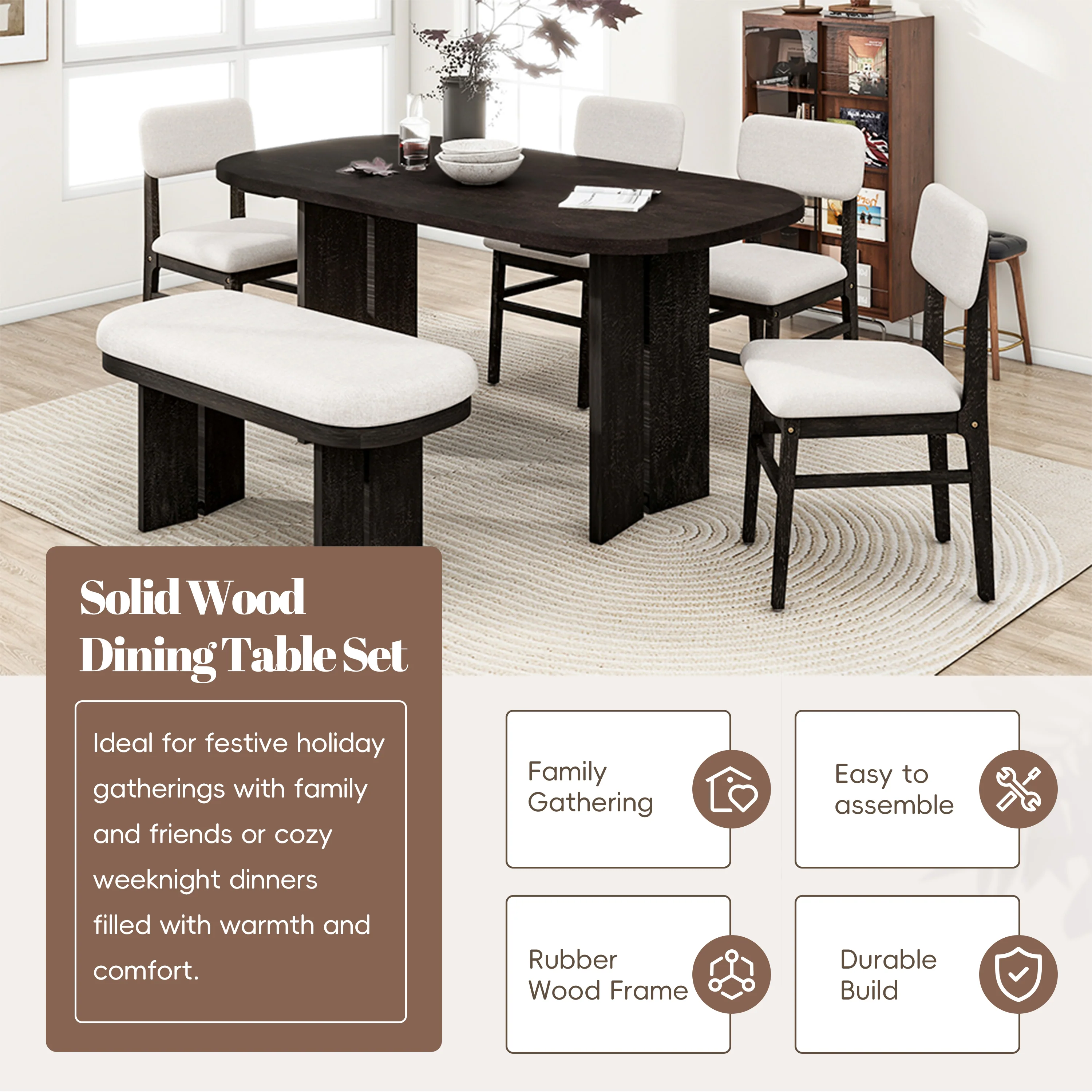 Walker Edison | Solid Wood 6-Piece Upholstered Dining Table Set with Bench