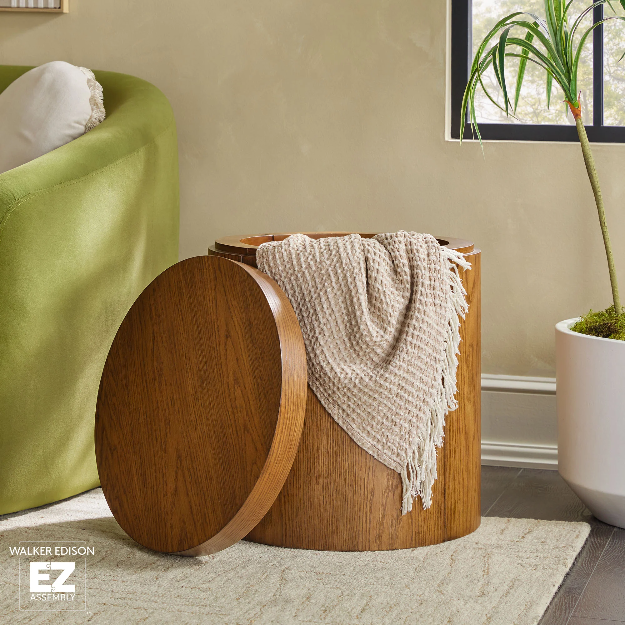 Maya 18 Modern Easy Assembly Round Oak Wood Veneer Side Table with Storage