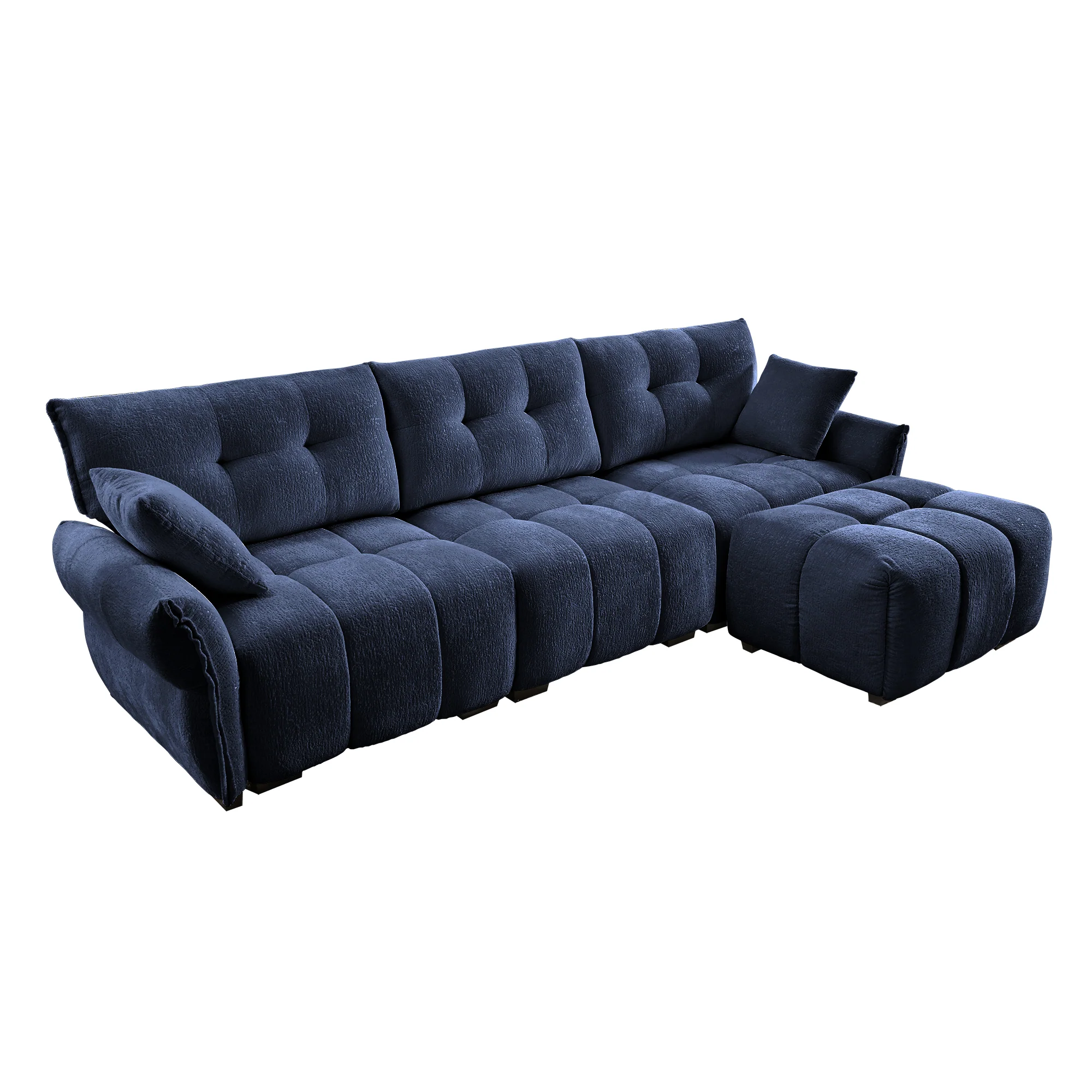 Walker Edison | Elegant Tufted Textured Chenille Blue Sofa Set with Ottoman and Pillows