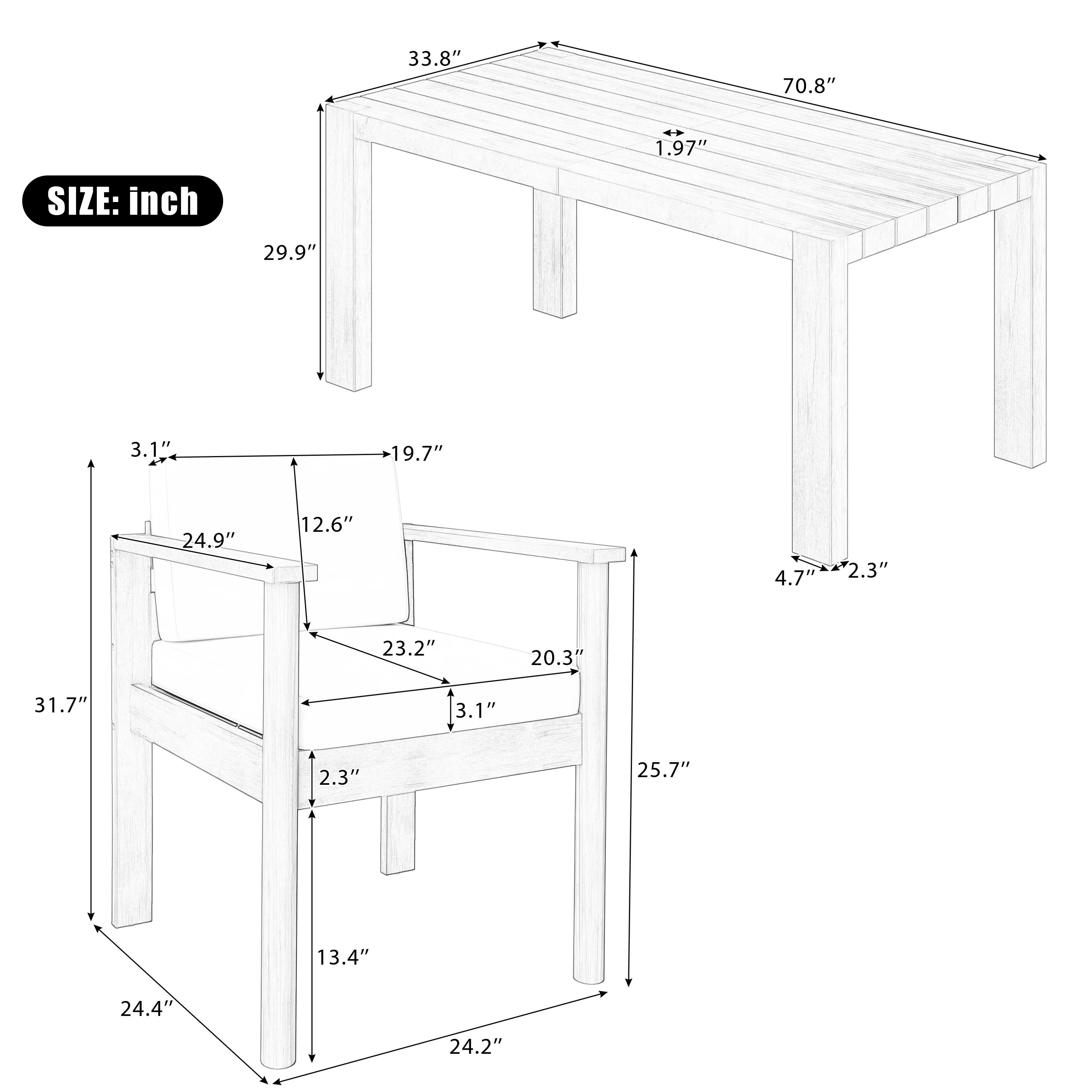 Walker Edison | Grey Wood Outdoor 7-Piece Patio Dining Table Set for 6
