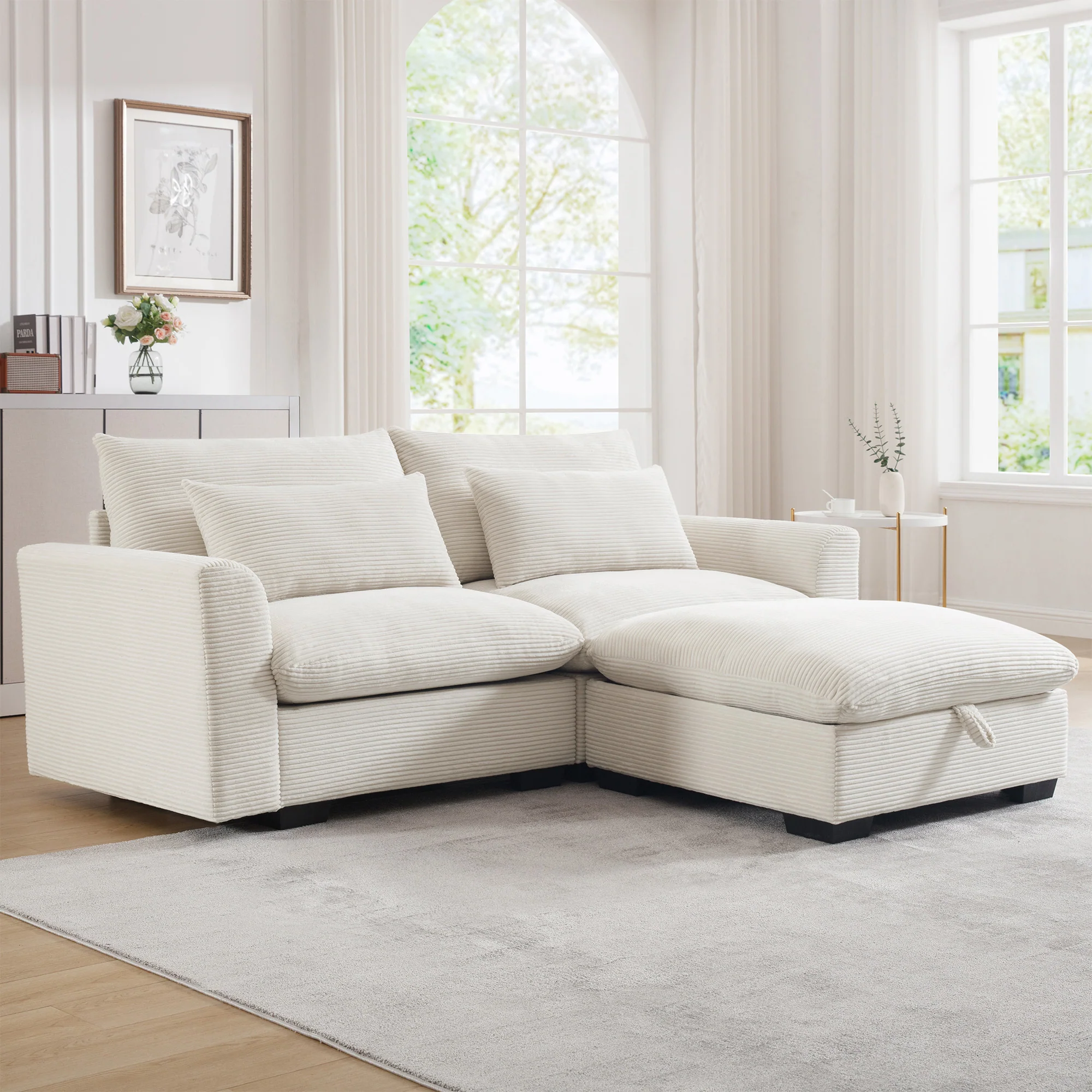 Walker Edison | Beige Corduroy Cloud Modular Loveseat with Storage Ottoman