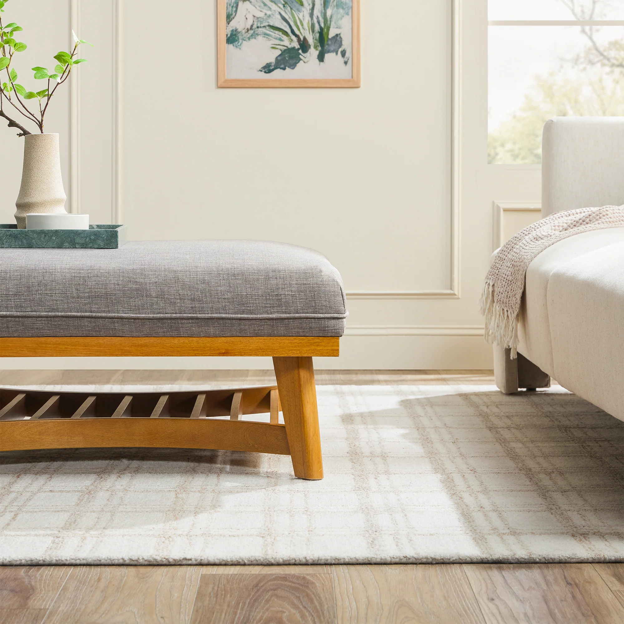 Nash Modern Farmhouse Easy Assembly Linen Large Ottoman