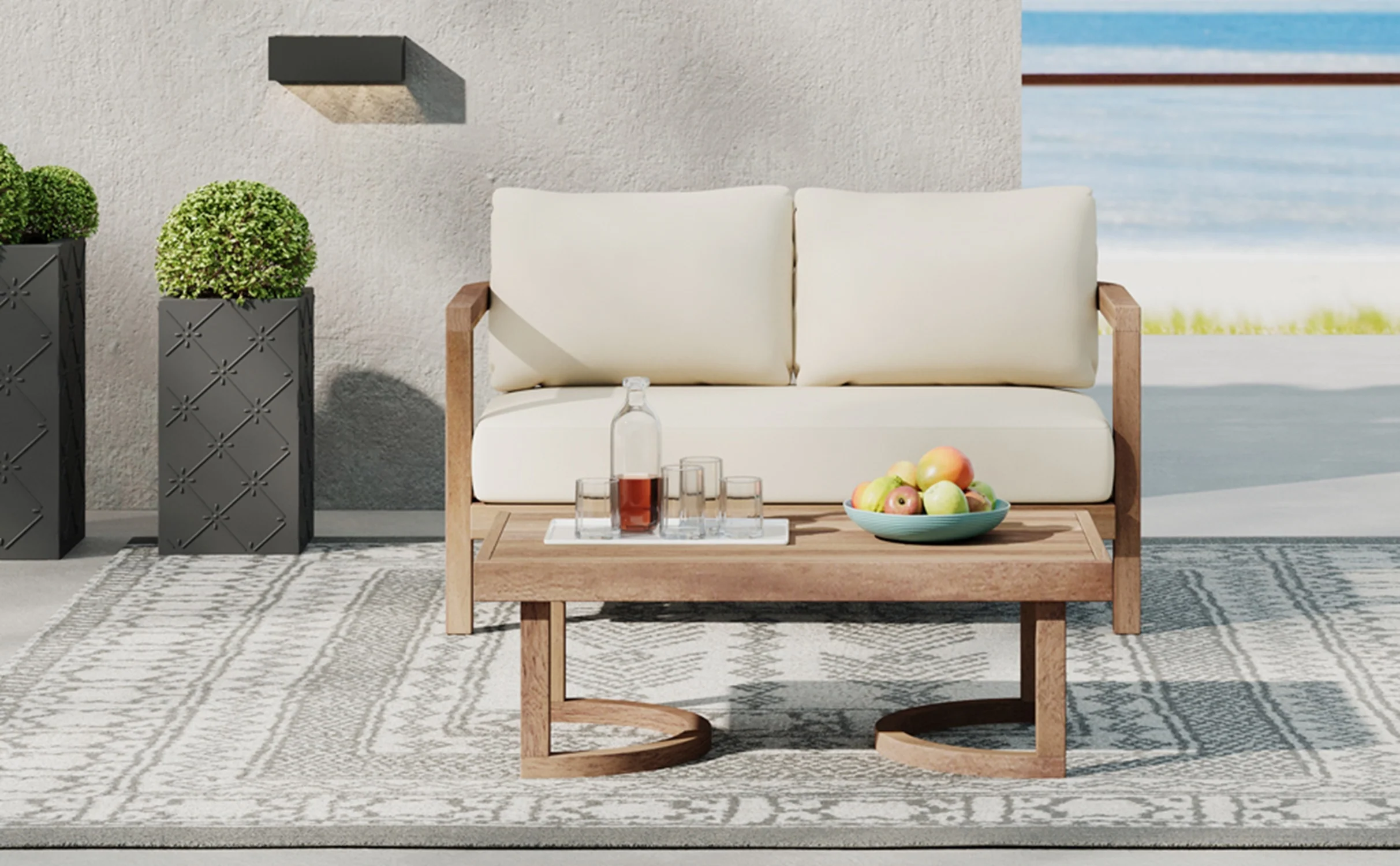 Walker Edison | Modern Outdoor Acacia Wood Patio Loveseat and Coffee Table