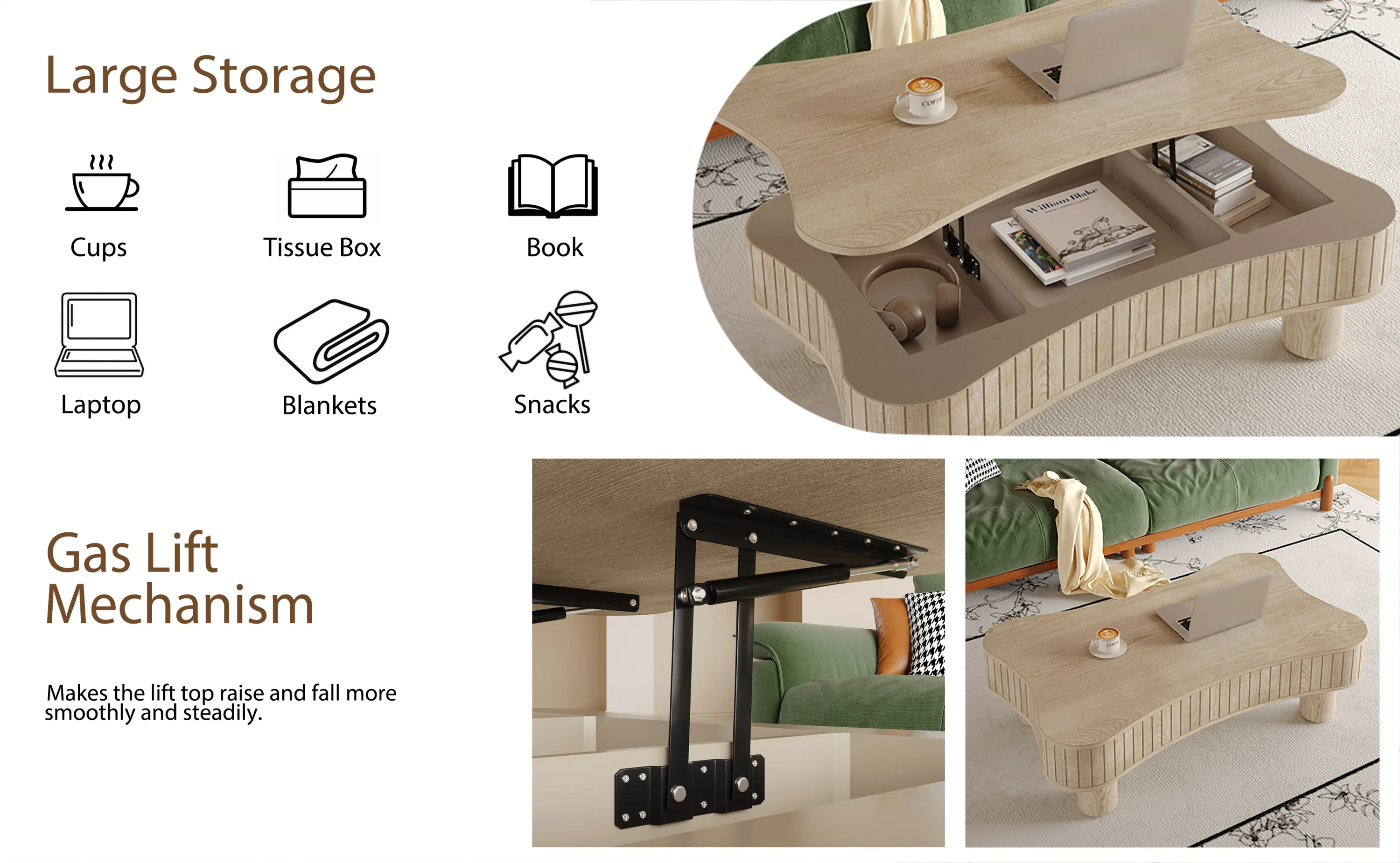 Walker Edison | Reeded Curve Design Lift Top Coffee Table and Desk