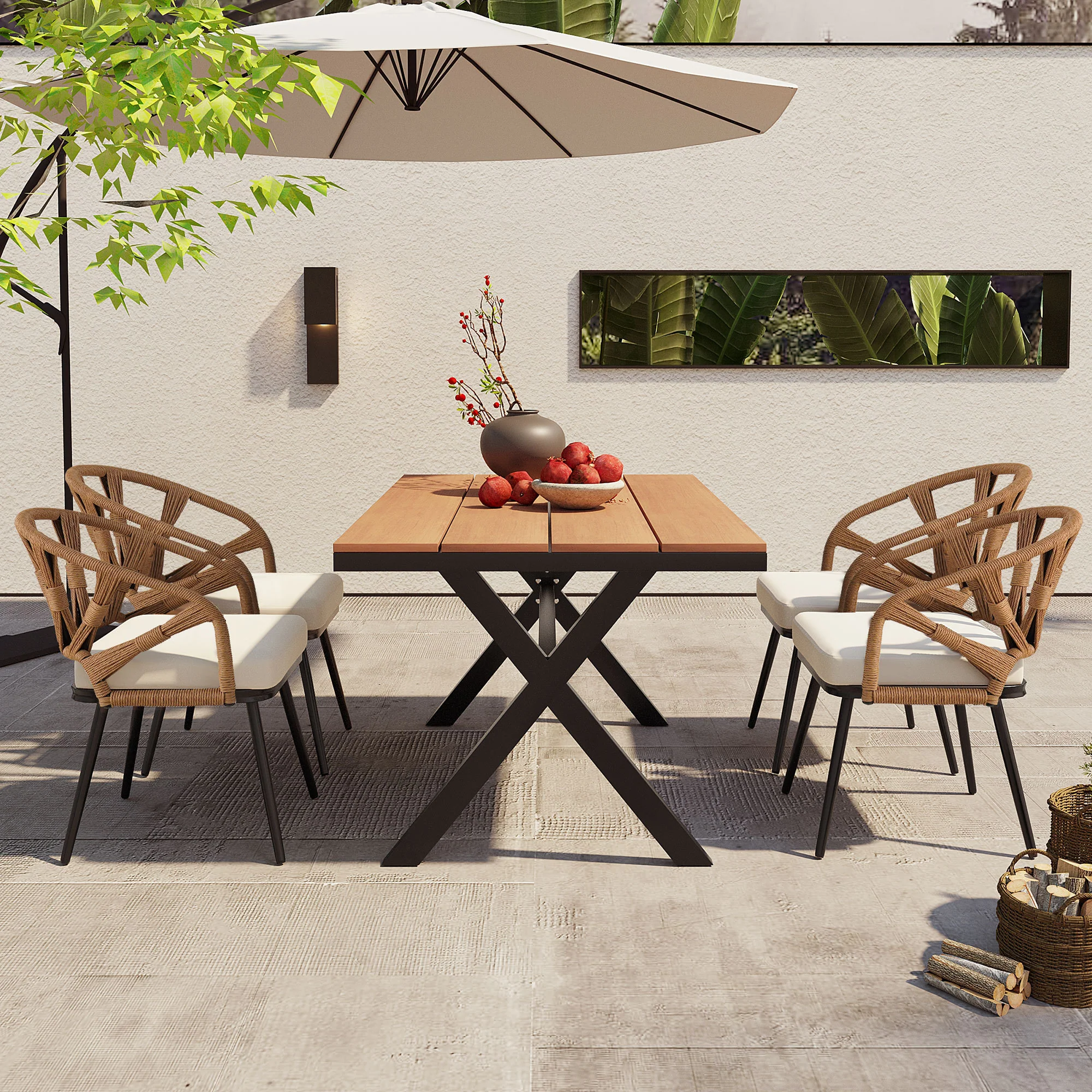 Walker Edison | U Style Contemporary Outdoor Dining Table and Chairs Set
