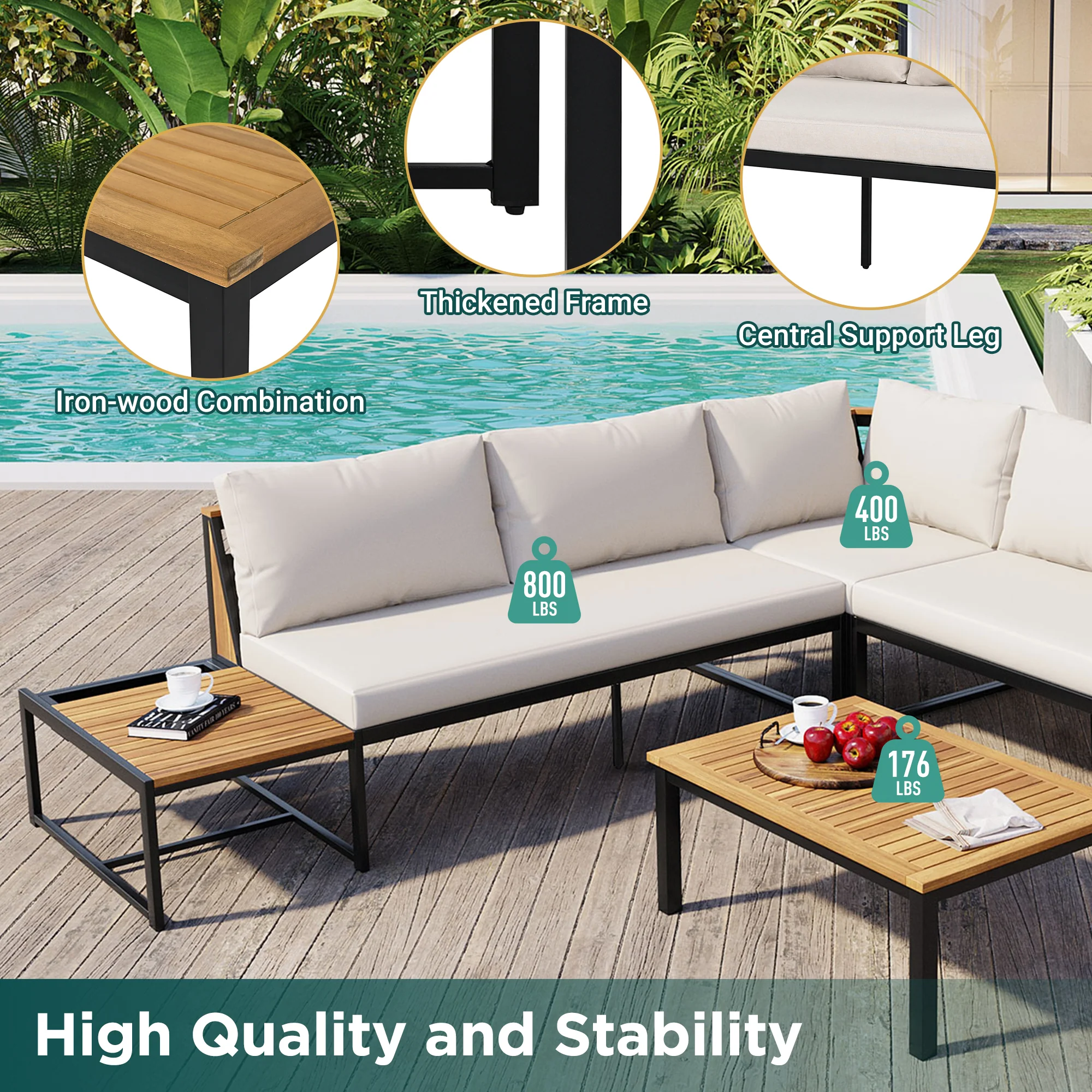 Walker Edison | 4 Pieces Outdoor Patio Sofa Sectional Set with Coffee and Side Tables