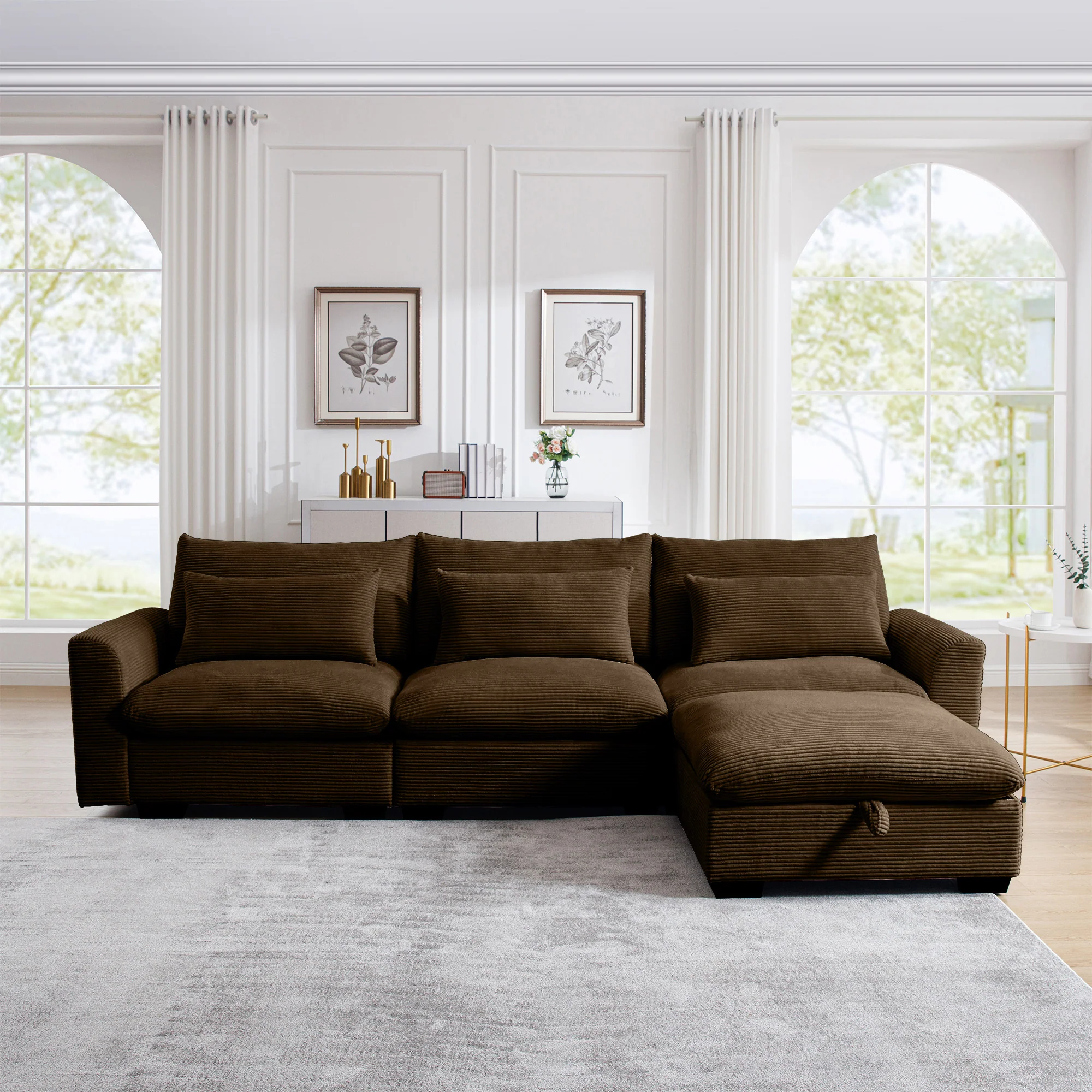 Walker Edison | L Shaped Corduroy Sectional Sofa with Storage Footstool