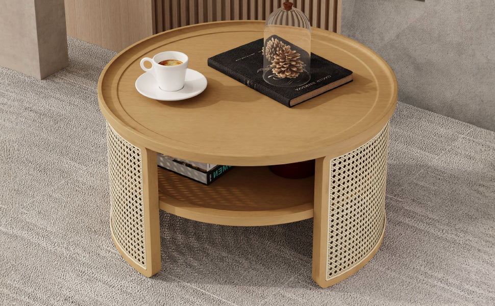 Walker Edison | Tiered Round Rattan Coffee Table with Storage