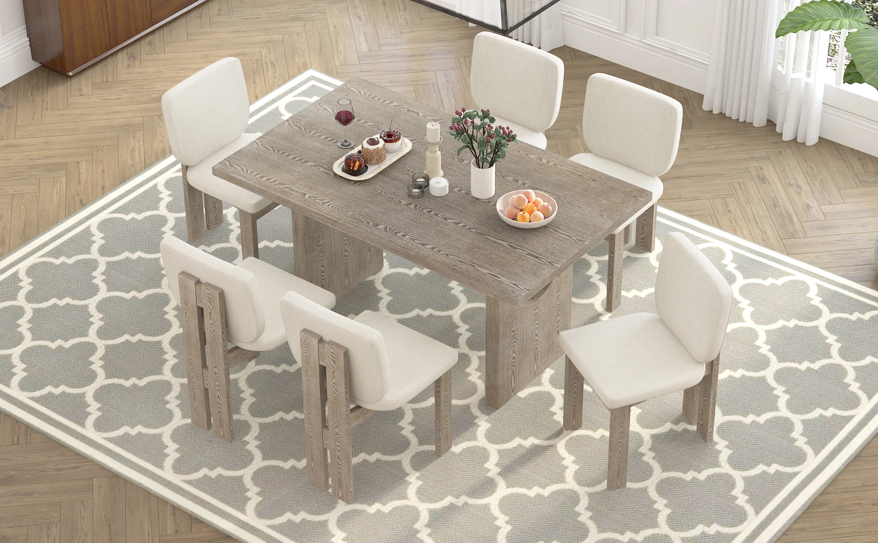 Walker Edison | Natural Wood Wash 7-Piece Retro Dining Set with 6 Upholstered Chairs