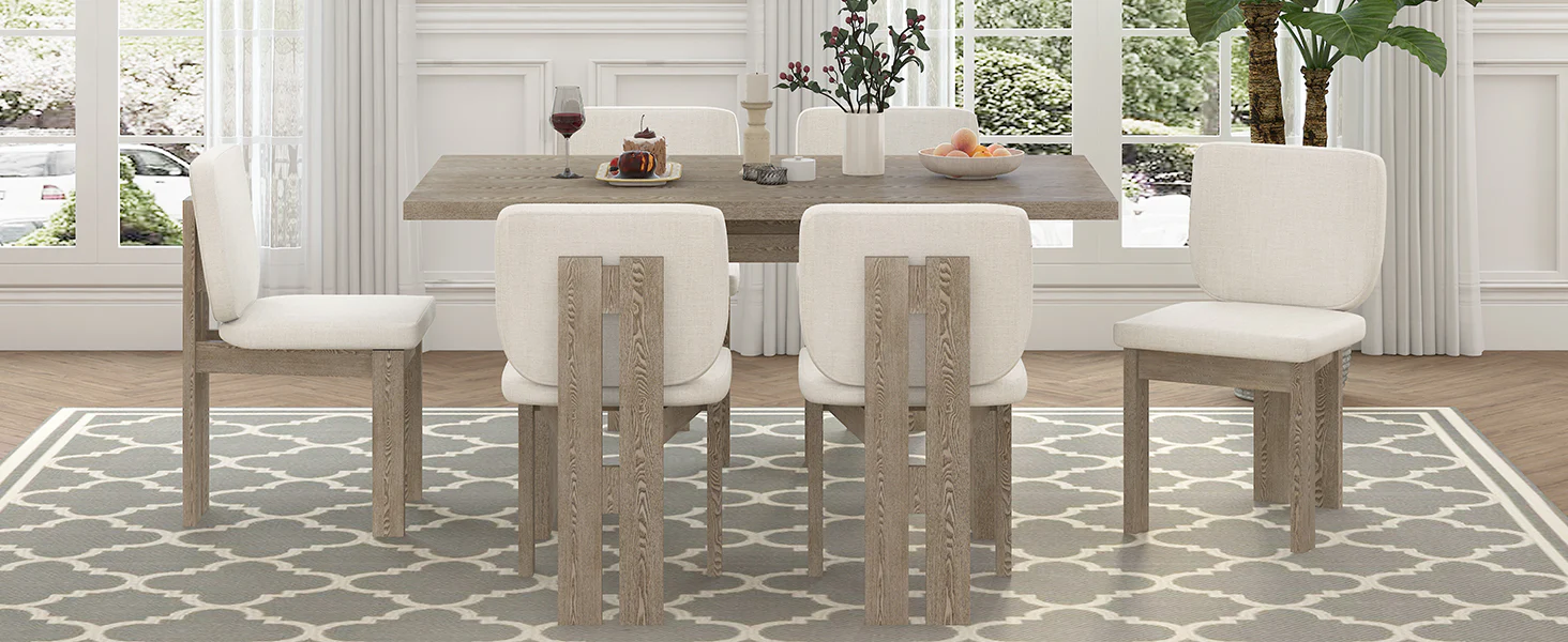 Walker Edison | Natural Wood Wash 7-Piece Retro Dining Set with 6 Upholstered Chairs