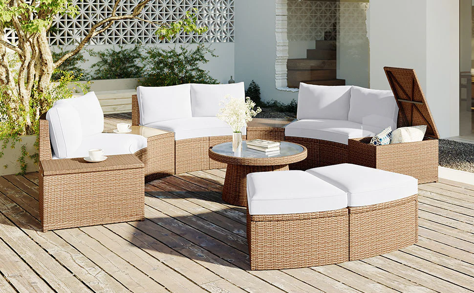 Walker Edison | Wicker Half Moon Outdoor 10-Piece Sectional Sofa Set with Storage