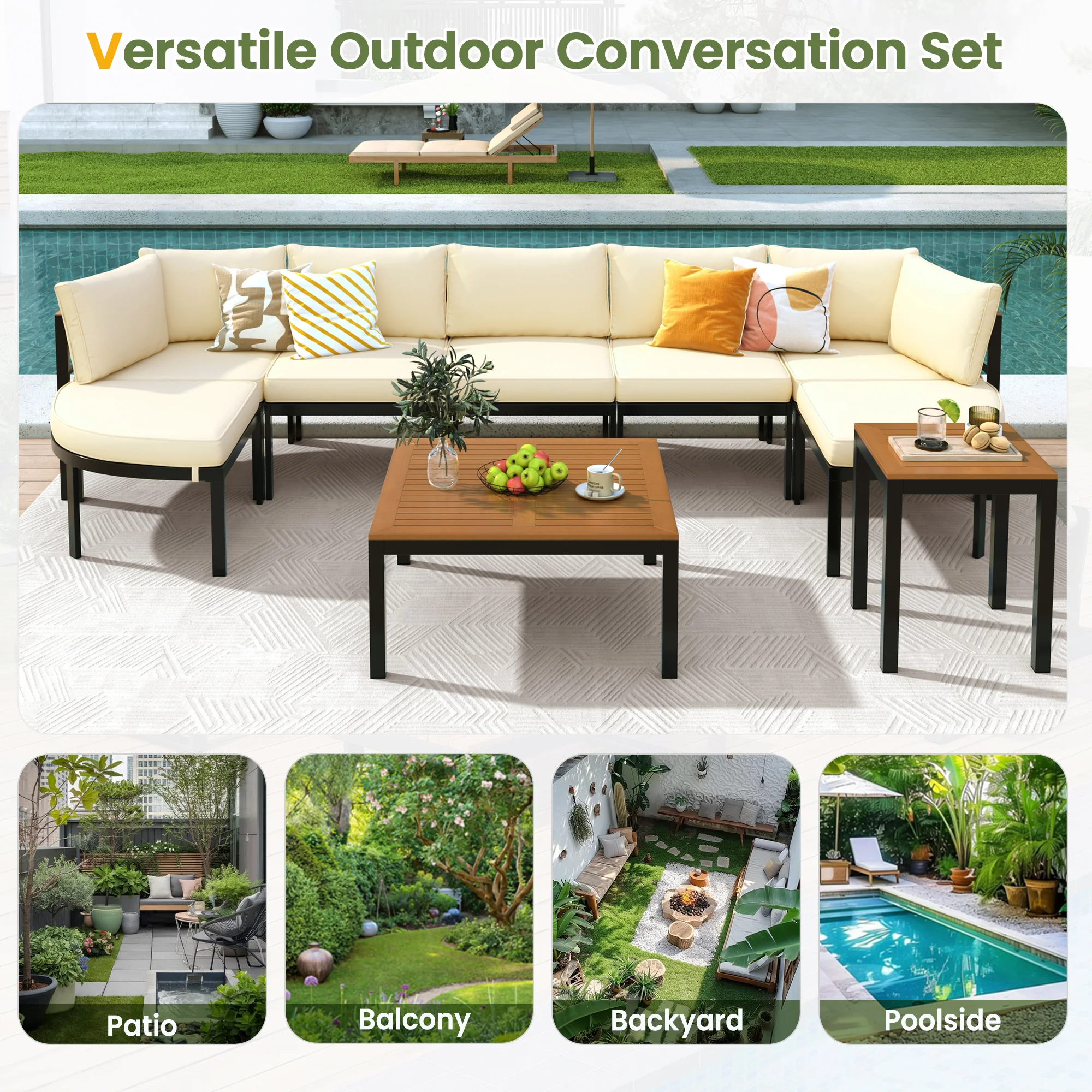 Walker Edison | Modern Outdoor Sectional Sofa Set with Tables