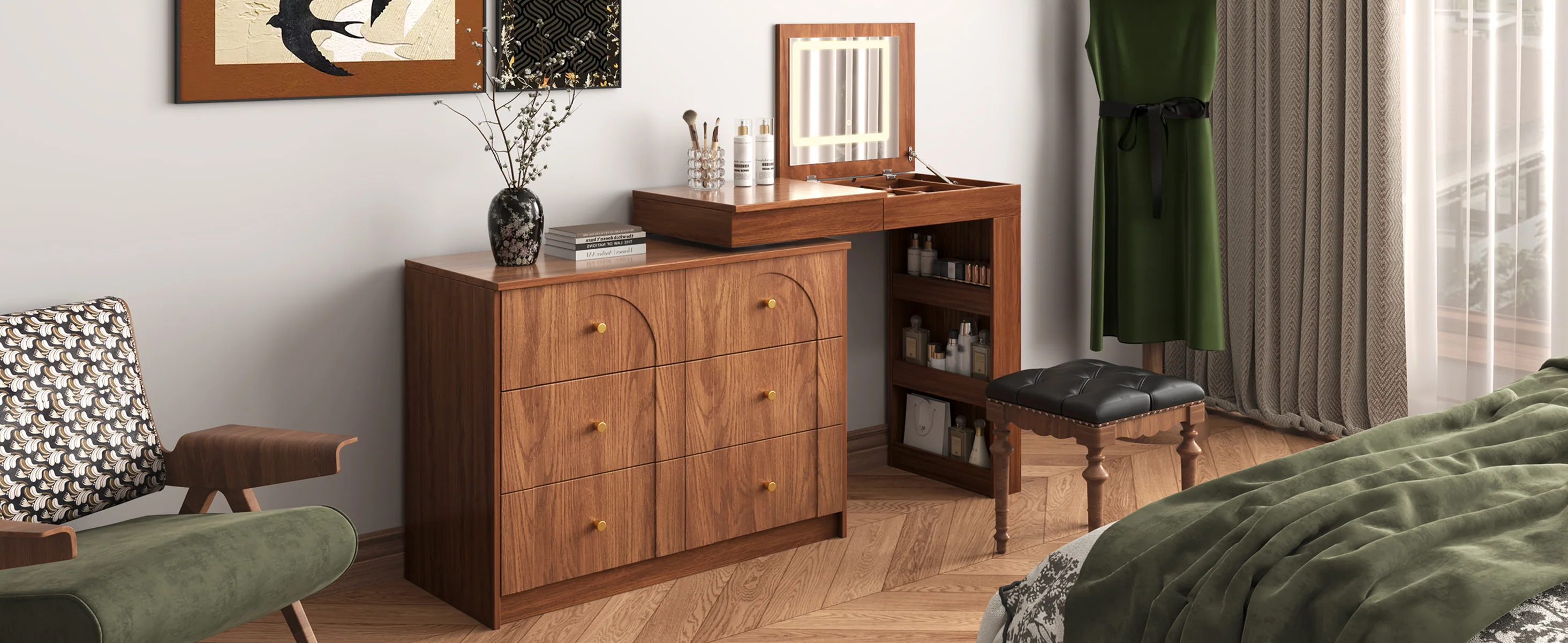 Walker Edison | Multi-Functional Vanity Desk/Dresser Set with Flip-Top Mirror and Lights