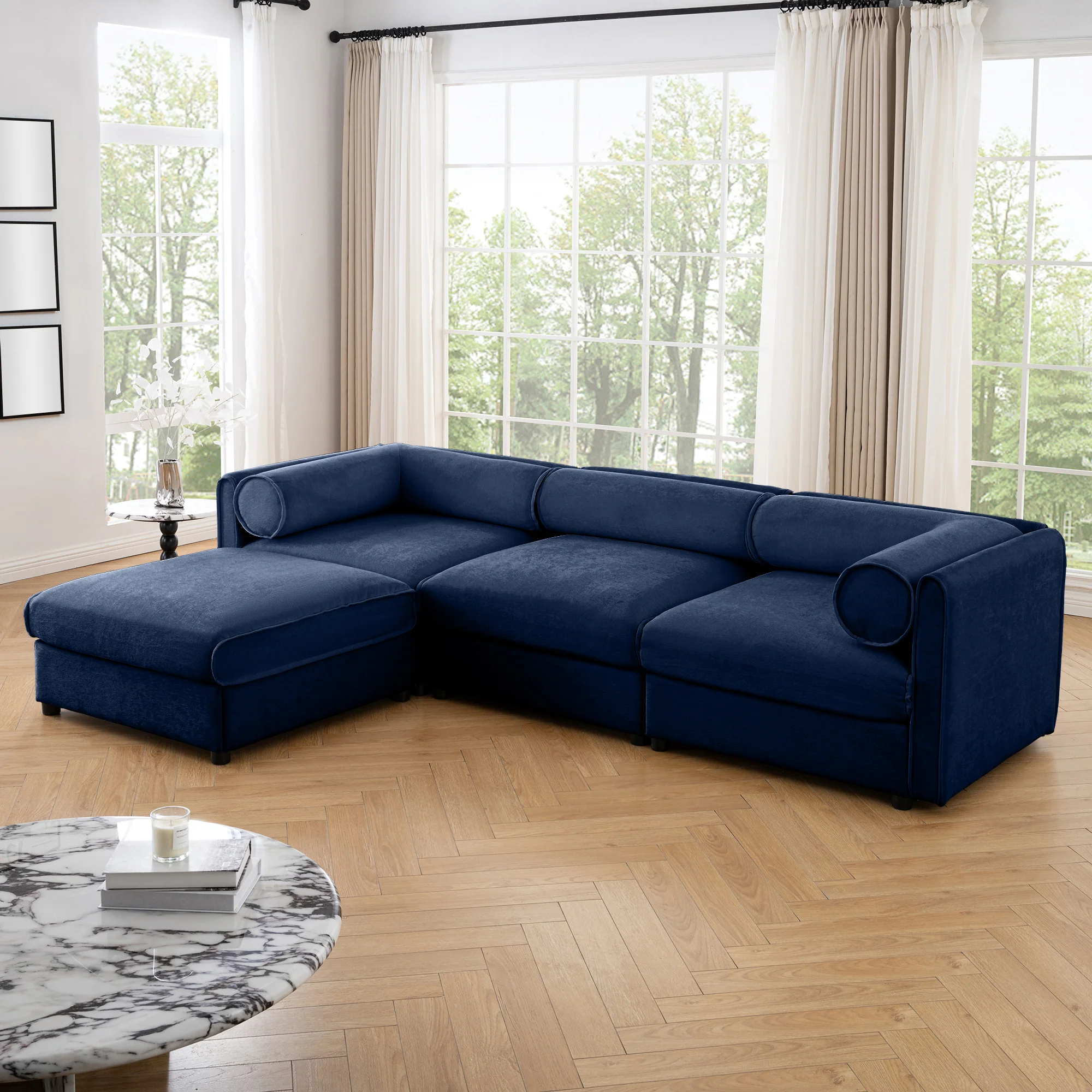 Walker Edison | Elegant L-Shaped Blue Chenille 3-Seater Sofa with Storage and Ottoman