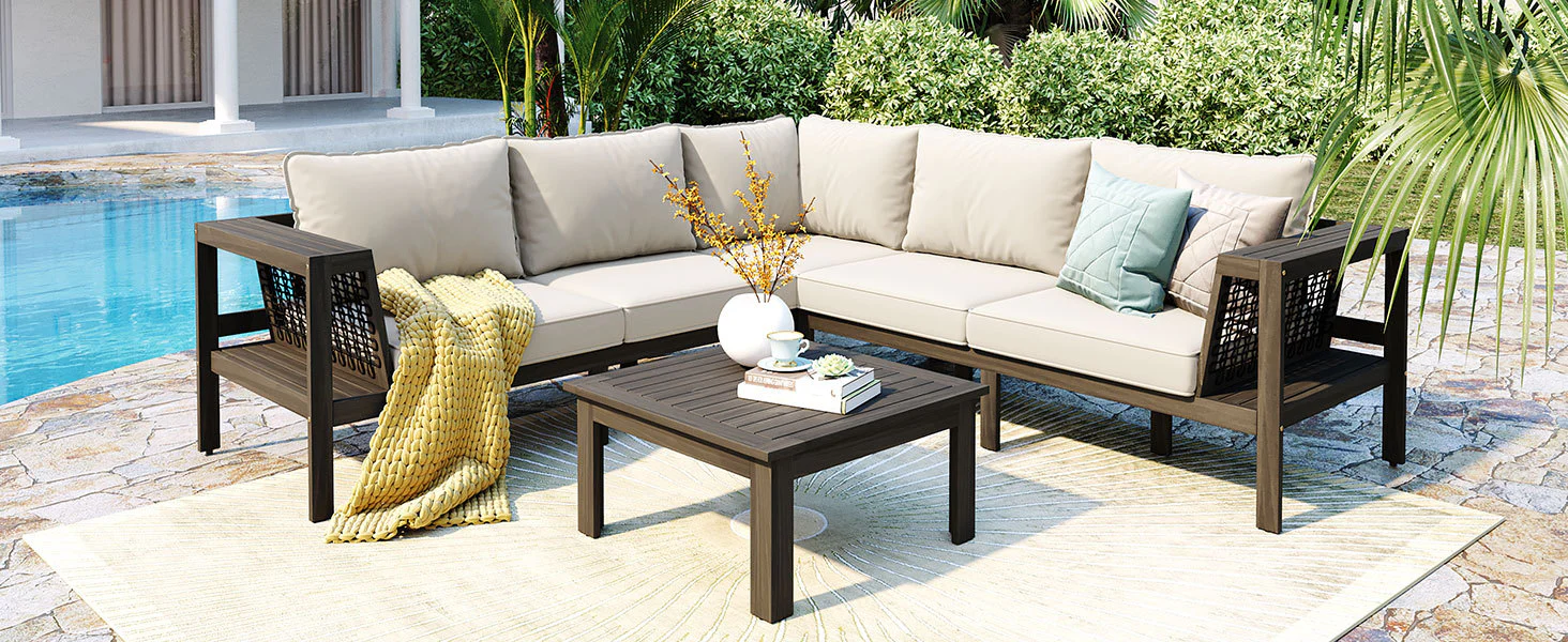 Walker Edison | Acacia L Shape Wood 4 Pieces Outdoor Sofa Set