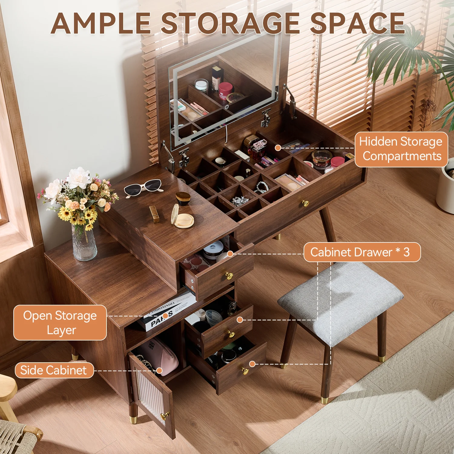 Walker Edison | 3-in-1 Makeup Vanity Desk with Lighted Flip-Top Mirror and Stool