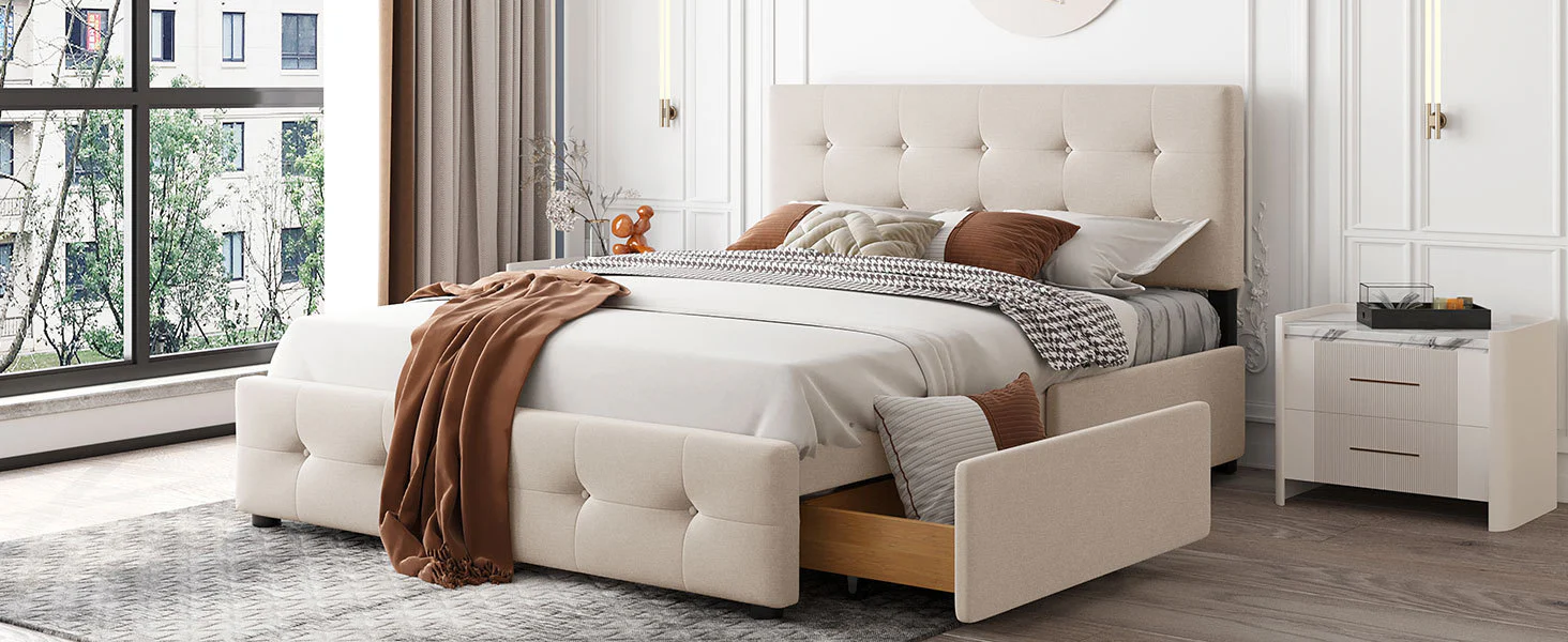 Walker Edison | Upholstered Queen Platform Bed with Storage