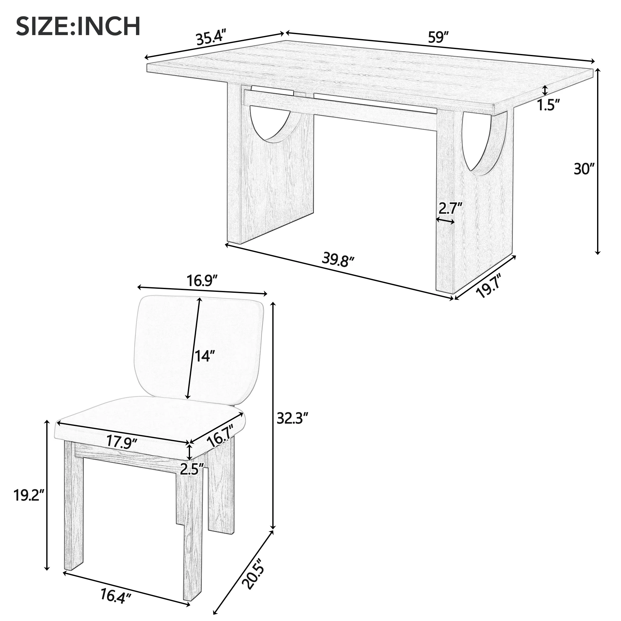 Walker Edison | 60' Wood 7-Piece Retro Dining Table Set for 6 with Upholstered Chairs