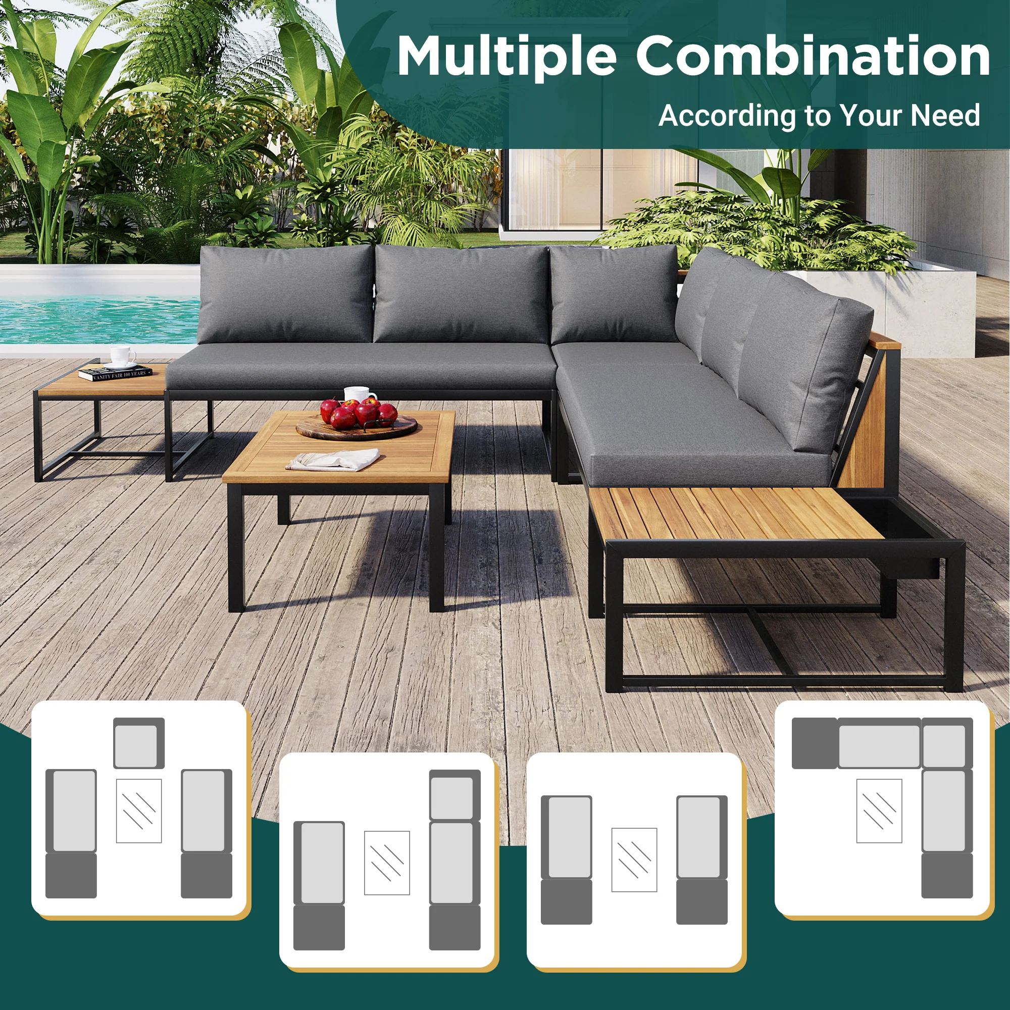Walker Edison | 4 Pieces Outdoor Patio Sofa Sectional Set with Coffee and Side Tables