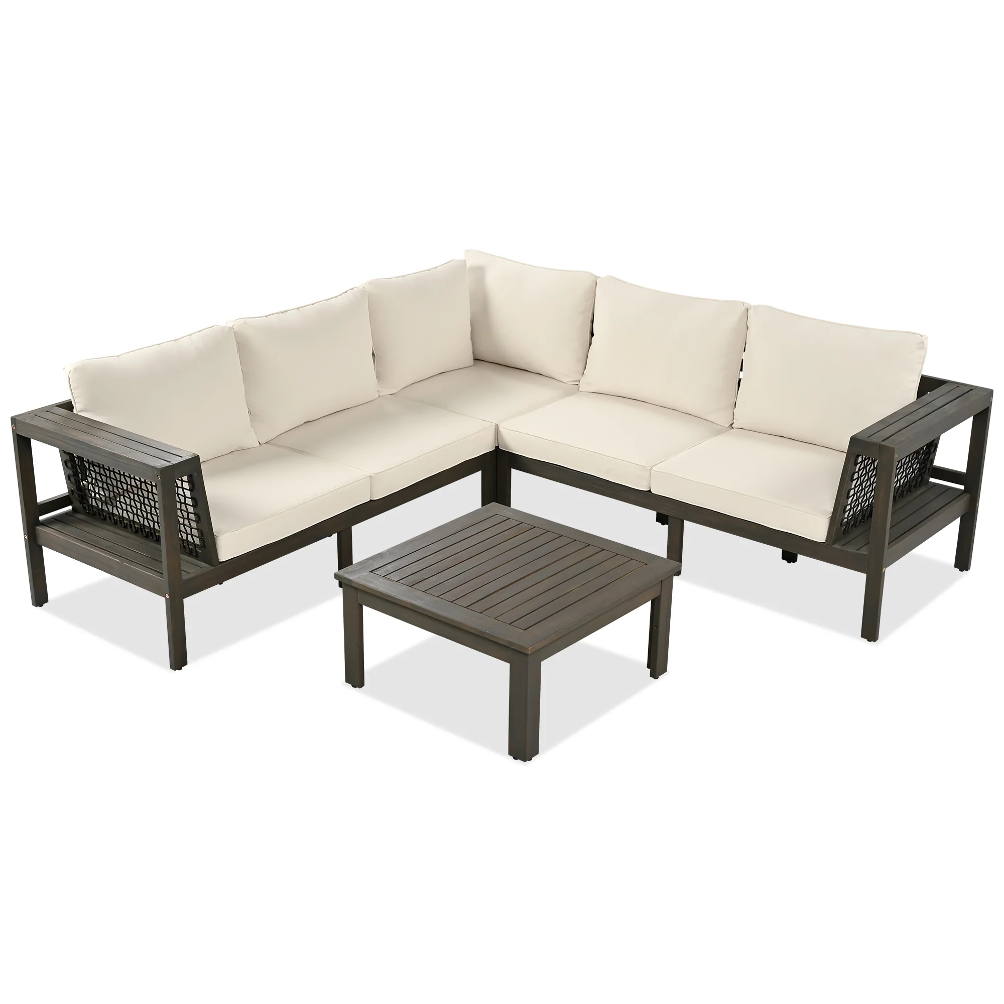 Walker Edison | Acacia L Shape Wood 4 Pieces Outdoor Sofa Set