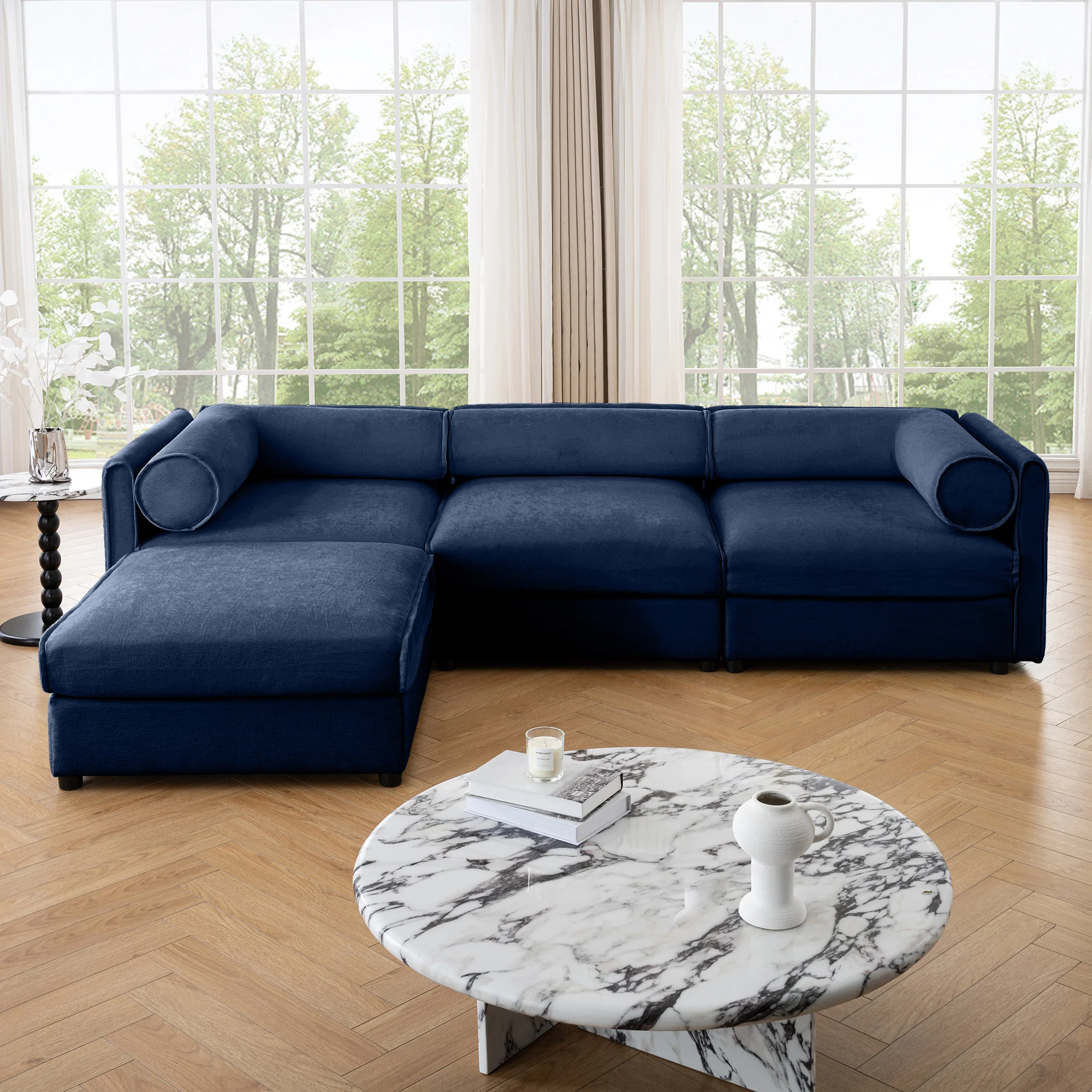 Walker Edison | Elegant L-Shaped Blue Chenille 3-Seater Sofa with Storage and Ottoman