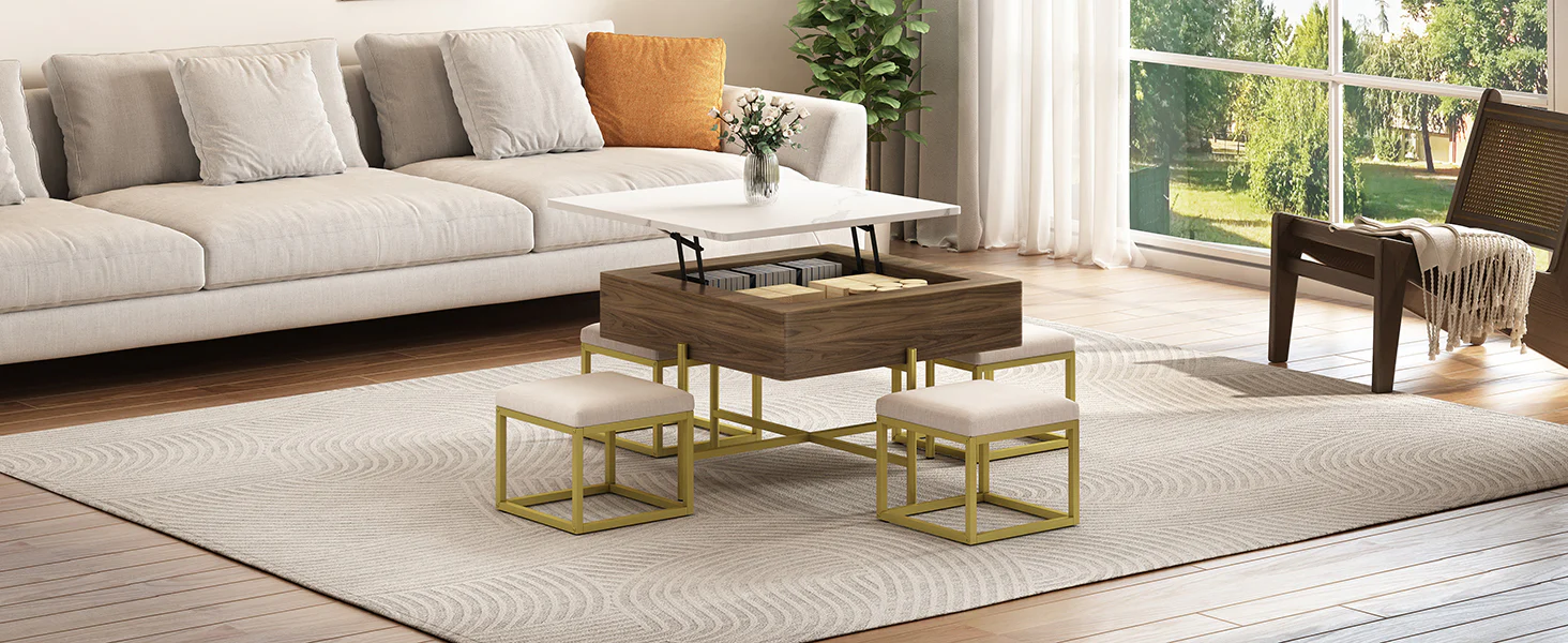 Walker Edison | Modern Square Lift-Top Coffee Table Set with 4 Ottomans