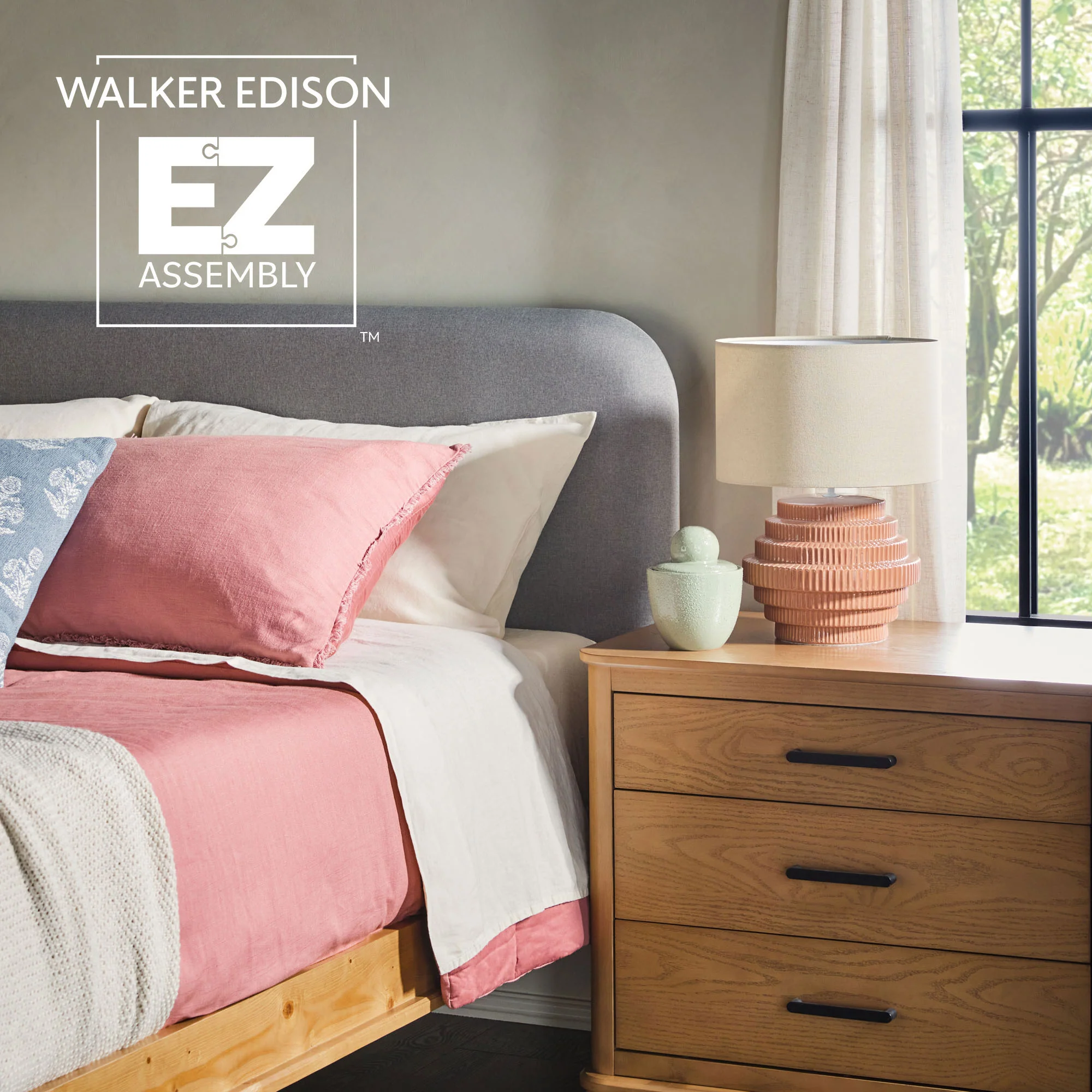 Annette Contemporary Upholstered Headboard Curved Wood Bed Frame