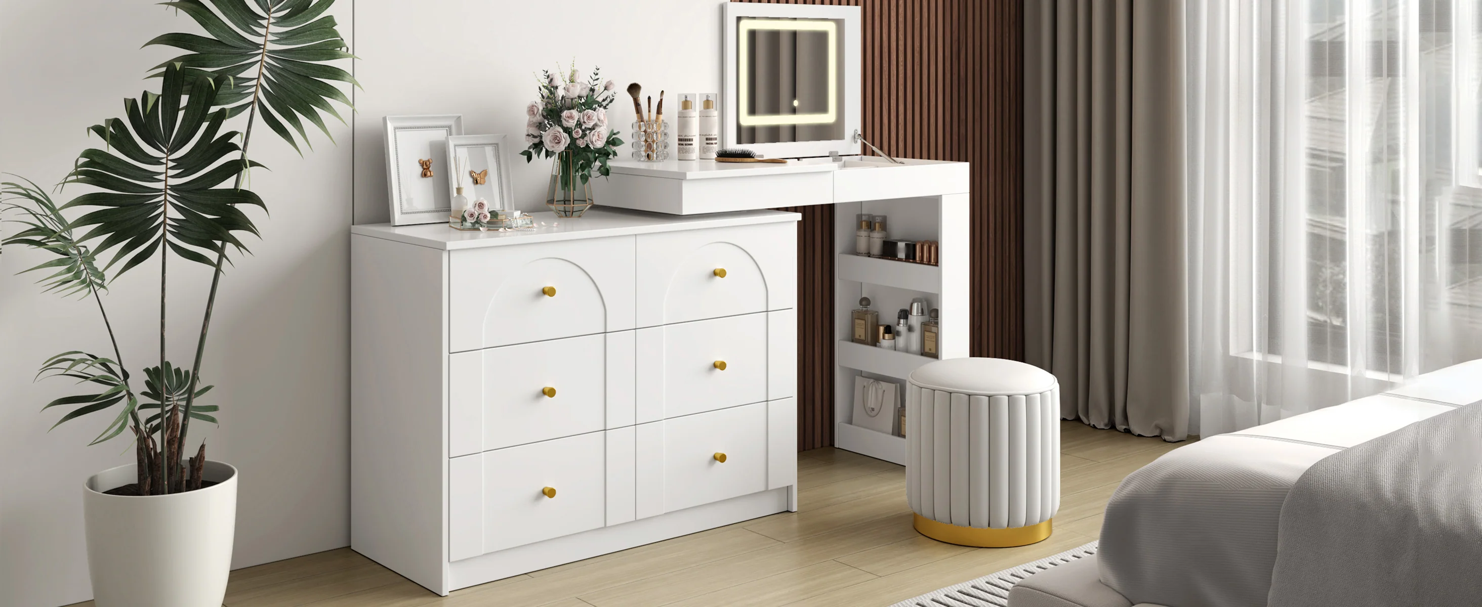 Walker Edison | White Multi-Functional Vanity Desk Dresser Set with Flip Mirror and Lights