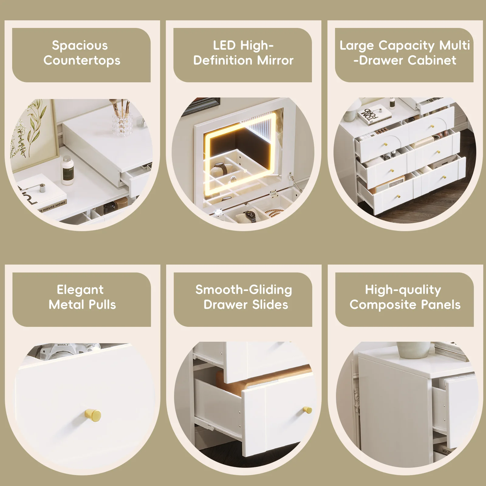 Walker Edison | White Multi-Functional Vanity Desk Dresser Set with Flip Mirror and Lights